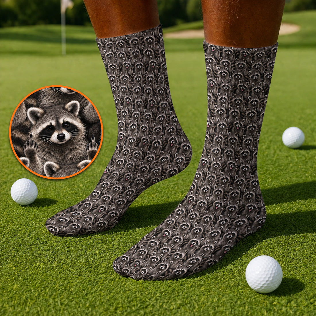 Raccoon Golf Pattern Socks, Crazy Raccoon Golf Sock, Golf Gift for Golfer