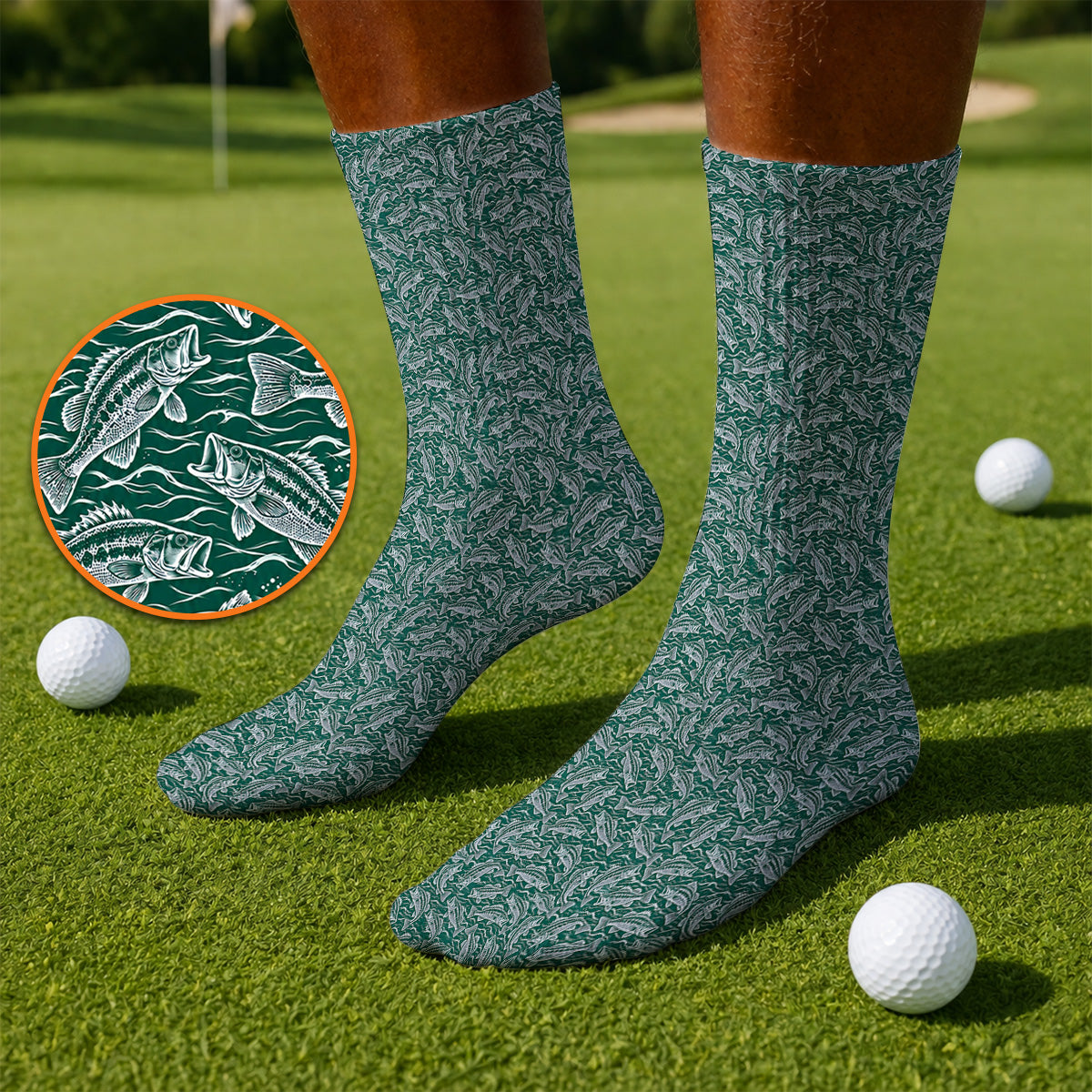 Vintage Bass Fishing Golf Socks, Forest Green Fish & Water Pattern Sock, Golf Apparel Gift for Fishing Lovers