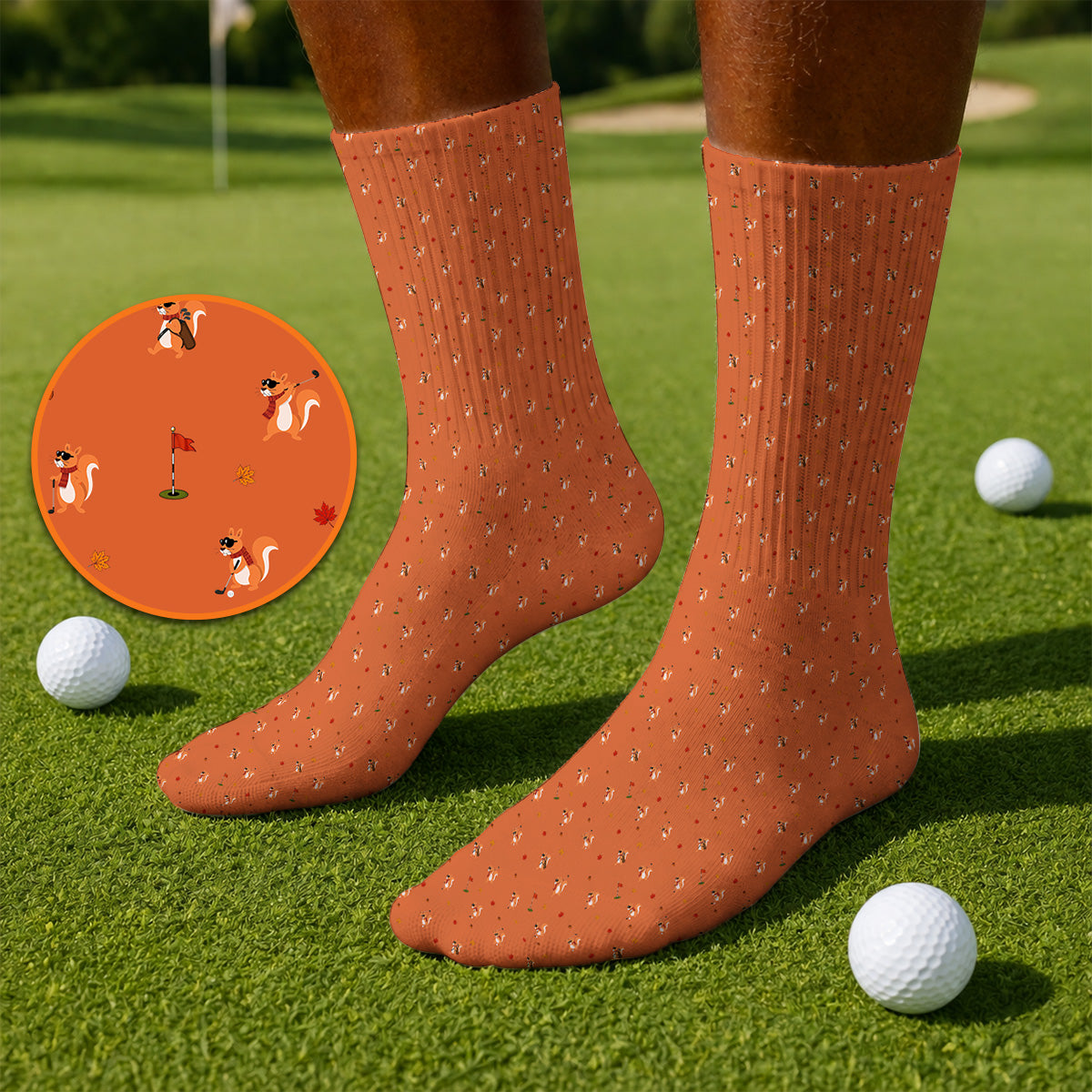 Fall Pattern Golf Socks, Autumn Squirrel Golf Sock, Crazy Golf Gift For Golfer