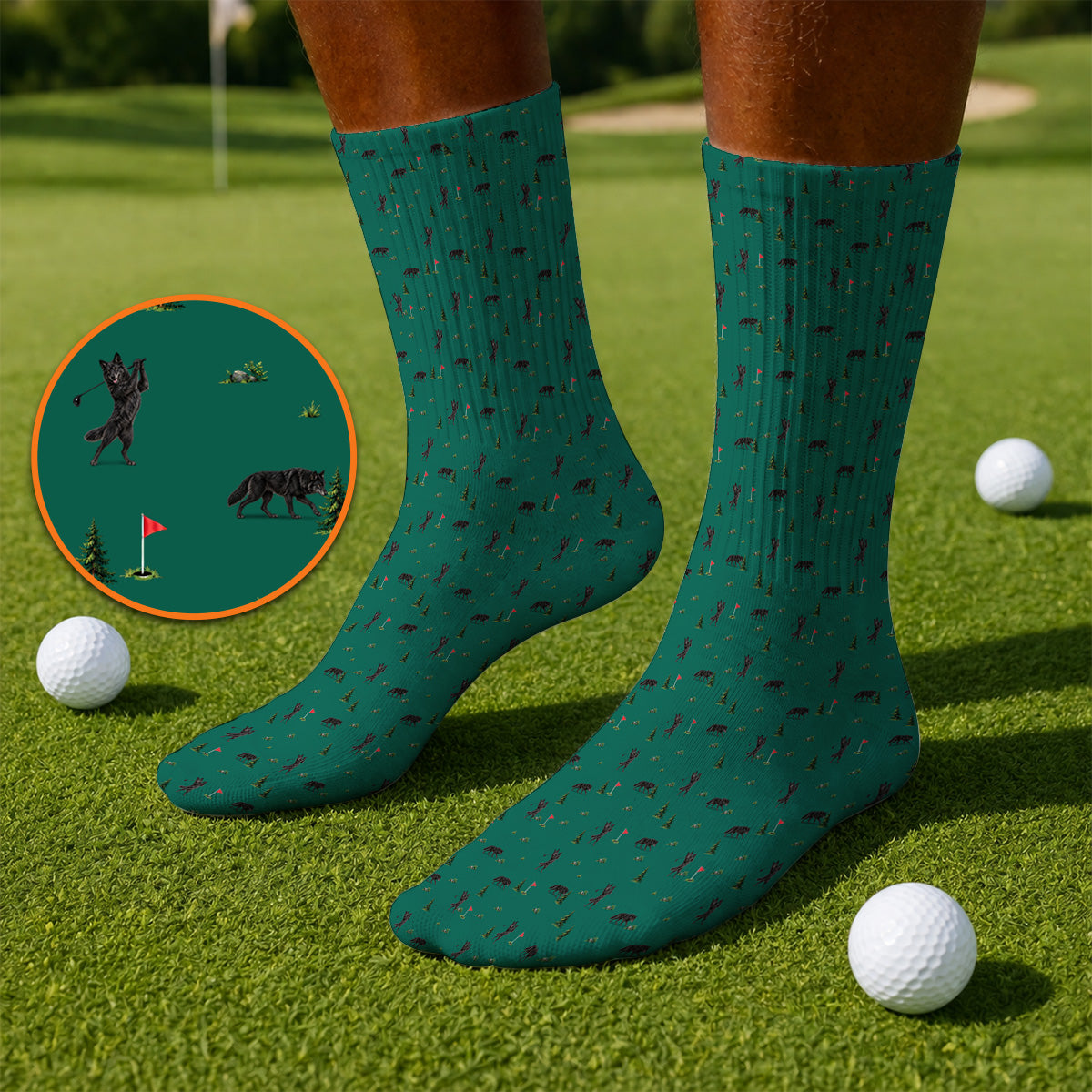 Black Wolf Pattern Golf Socks, Crazy Wolf Golf Sock, Wilderness Golf Gift for Golfers