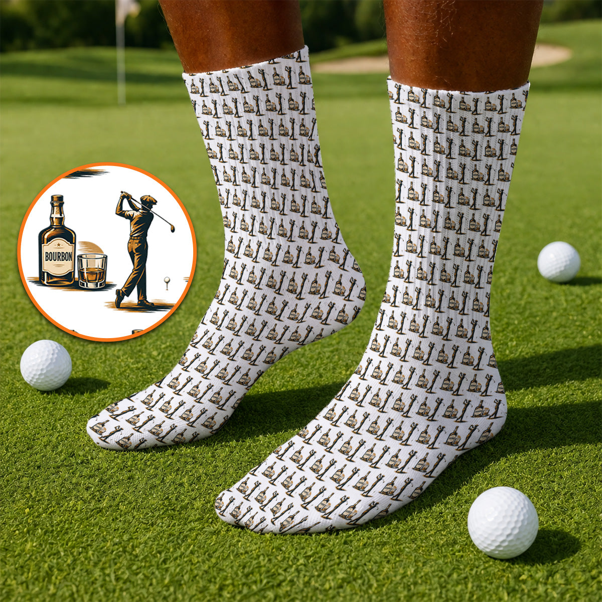 Bourbon Golf Socks, Whiskey Lover Golf Pattern Sock, Funny Golf Gift For Golfer