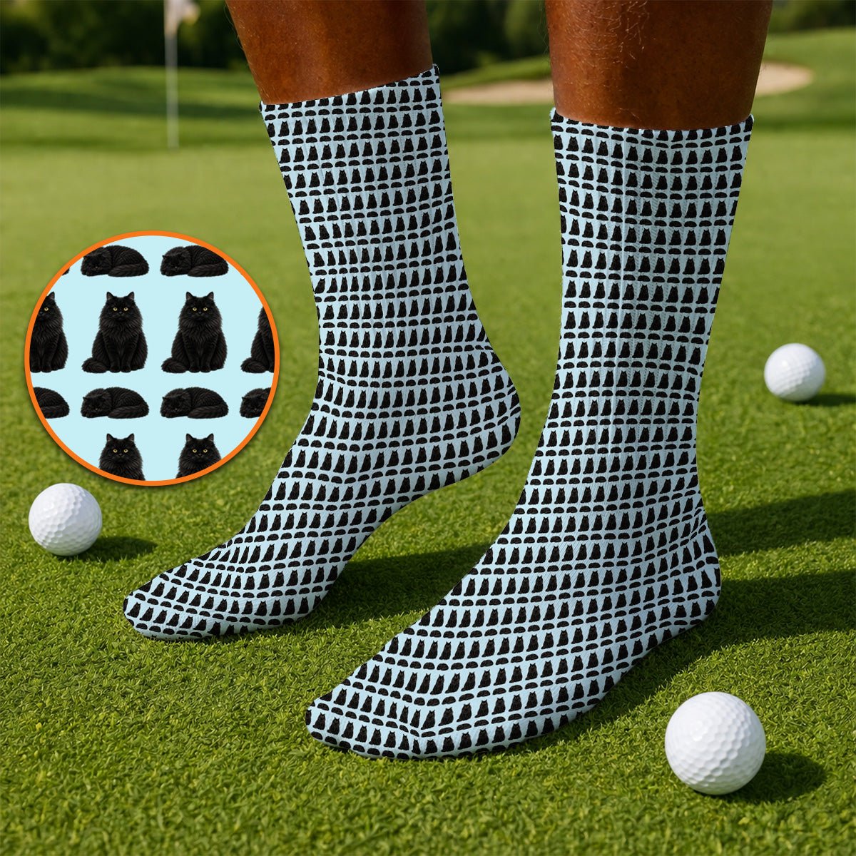 Black Persian Cat Golf Socks, Cute Black Persian Pattern Golf Sock, Golf Gift for Cat Lovers