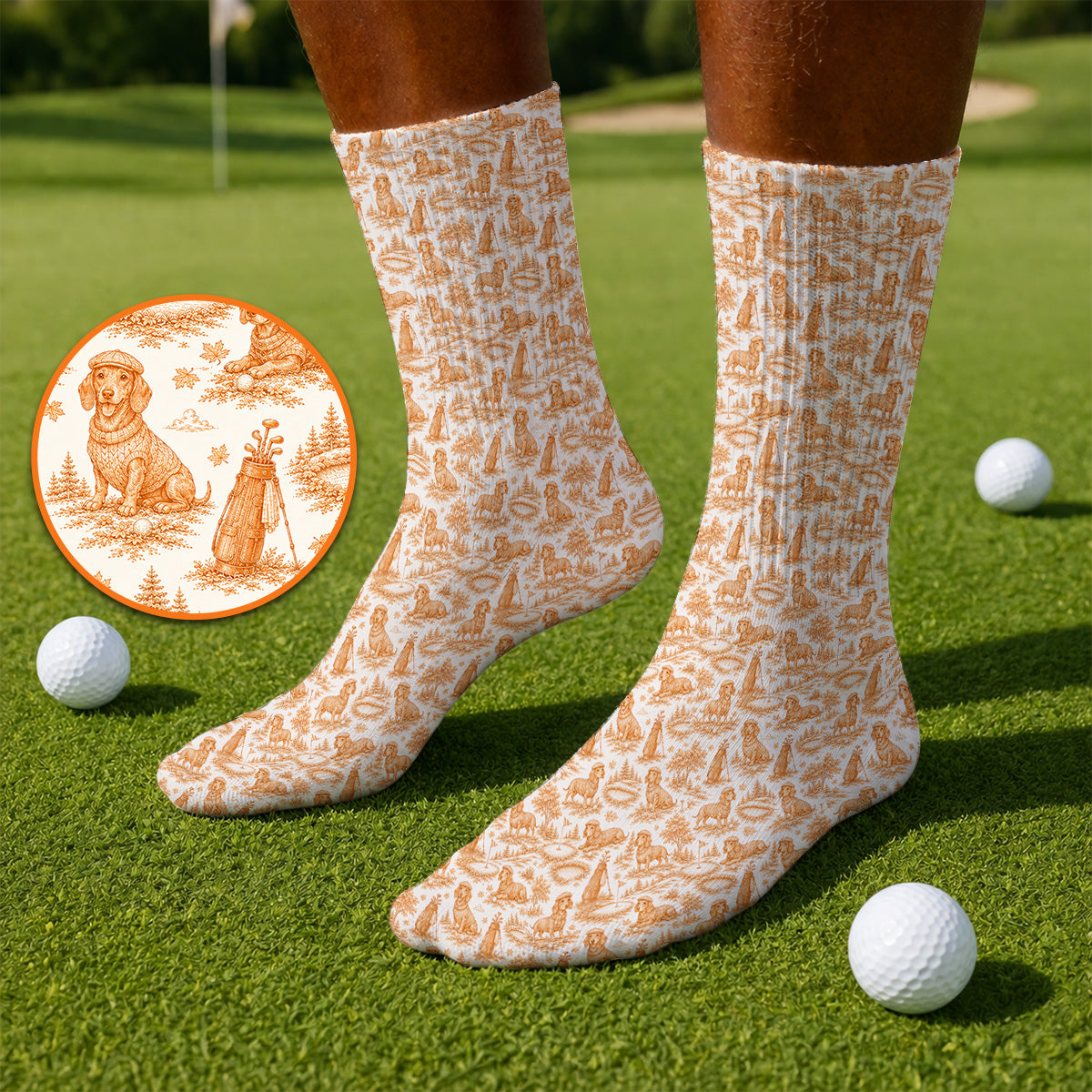 Dachshund Toile de Jouy Golf Socks, Autumn Wiener Dog Pattern Golf Sock, Crazy Golf Gift For Golfer