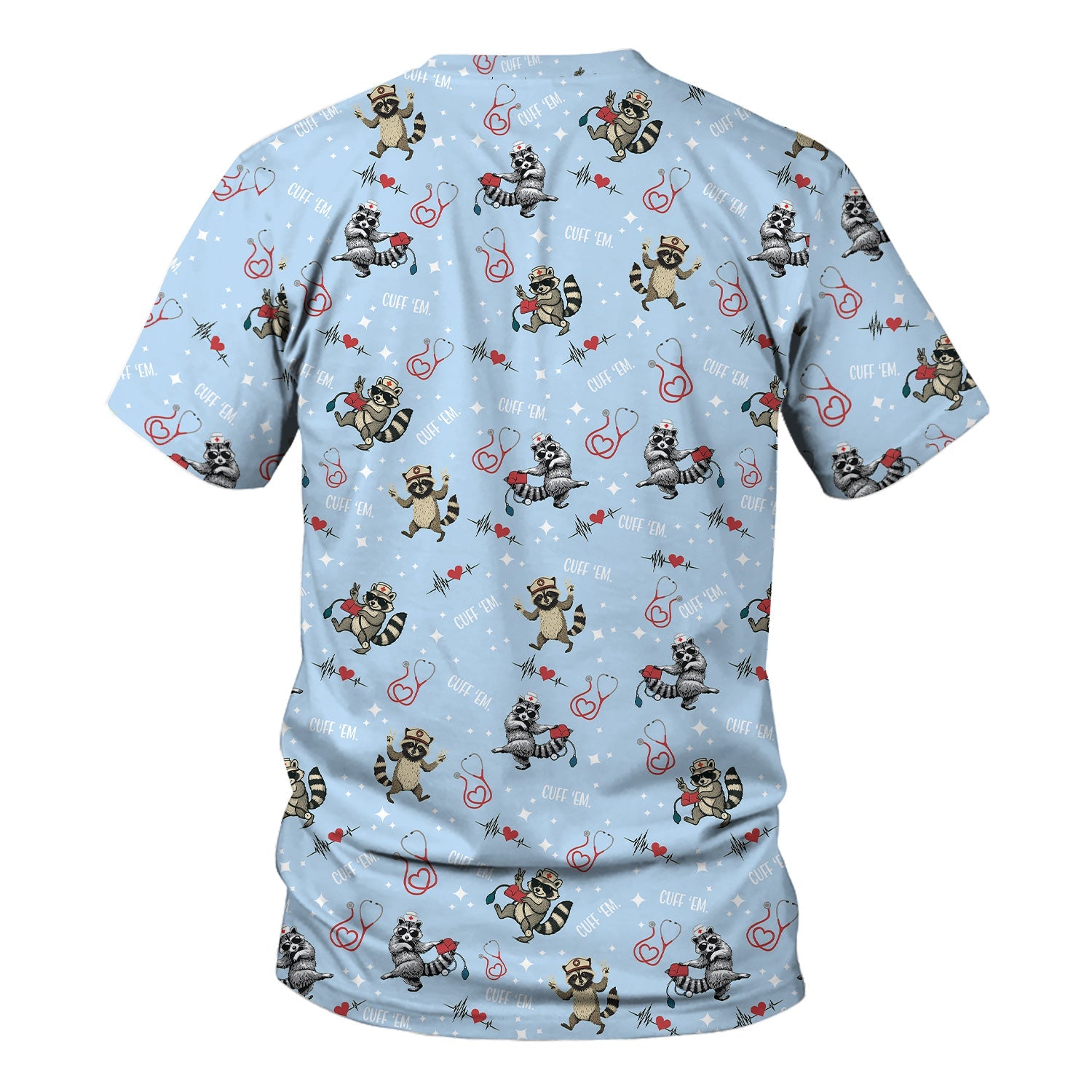 Cuff Em Raccoon Nurse Shirt - Funny Medical Scrub T-Shirt for CNA EMT LPN - Cute All Over Print Gift for Healthcare Workers