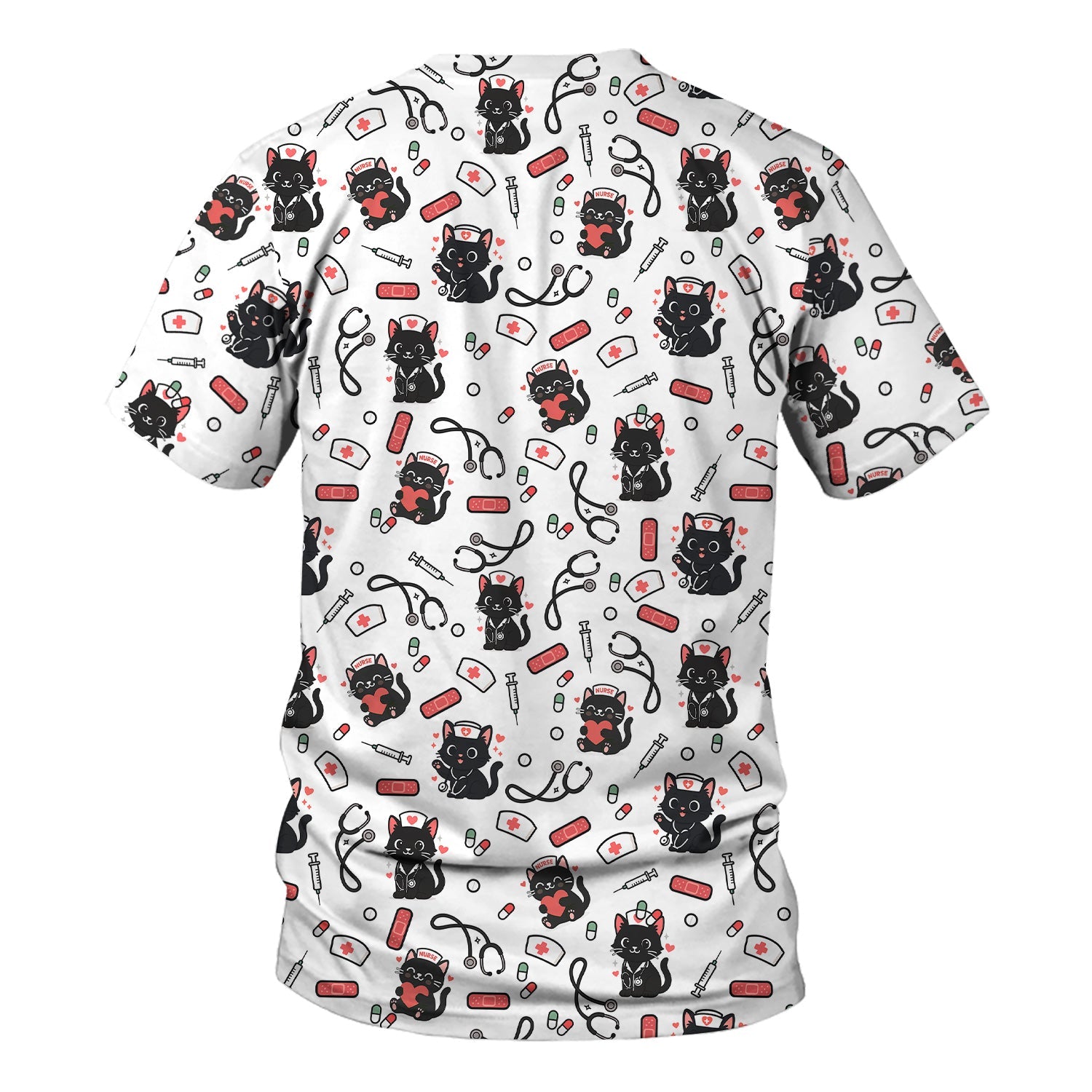 Personalized Adorable Cat Print Nurse Tee - Medical Uniform Shirt with Stethoscope - Gift for RN CNA LPN