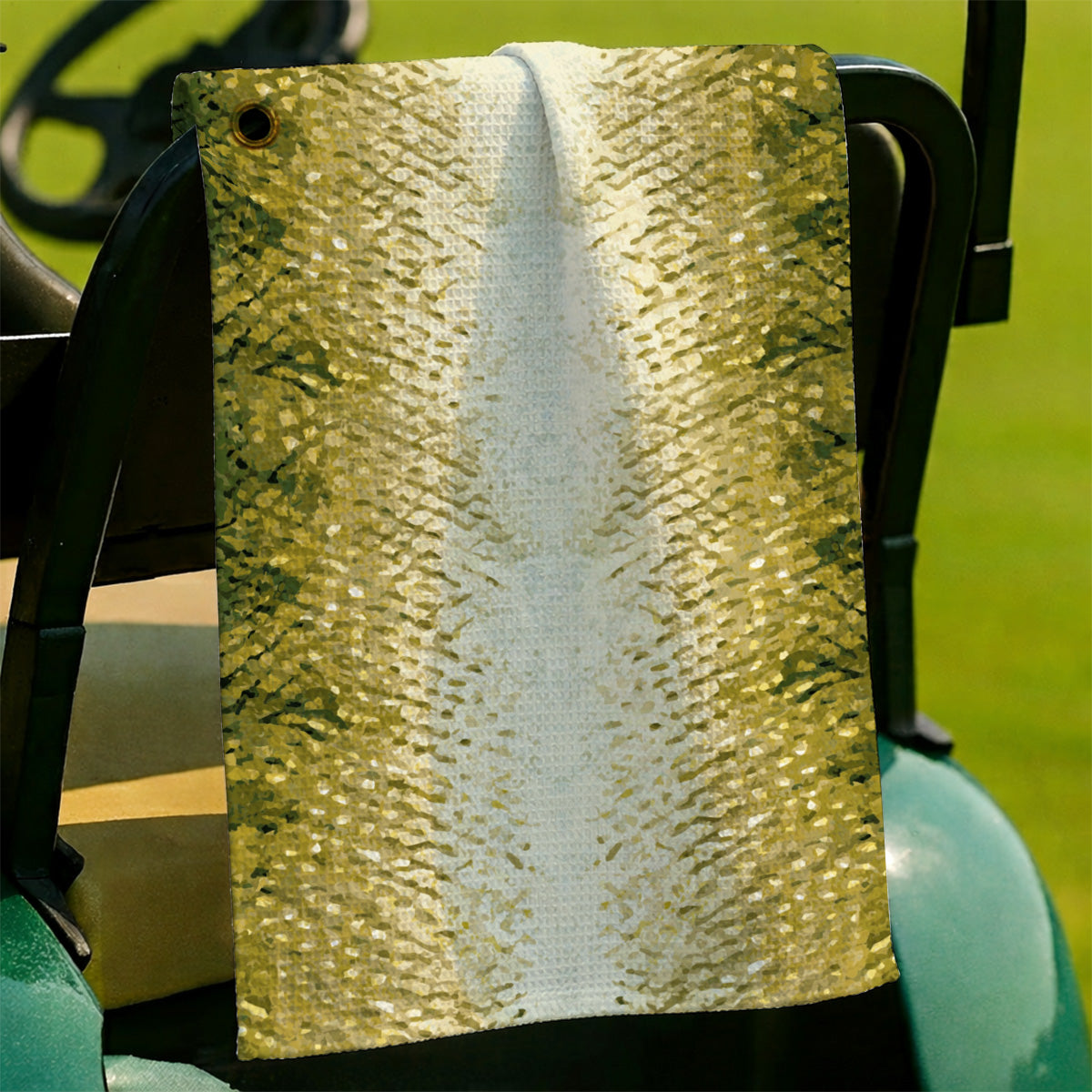 Bass Fishing Pattern Golf Towels, Golden Green Bass Fish Scale Golf Towel, Golf Gift For Fishers