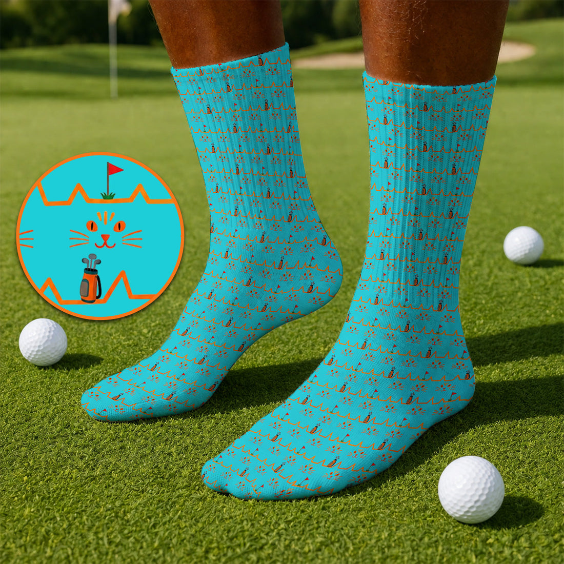 Cat Lover Golf Socks, Turquoise Cat Face & Golf Bag Pattern Golf Sock, Funny Kitty Golf Gift for Golfers