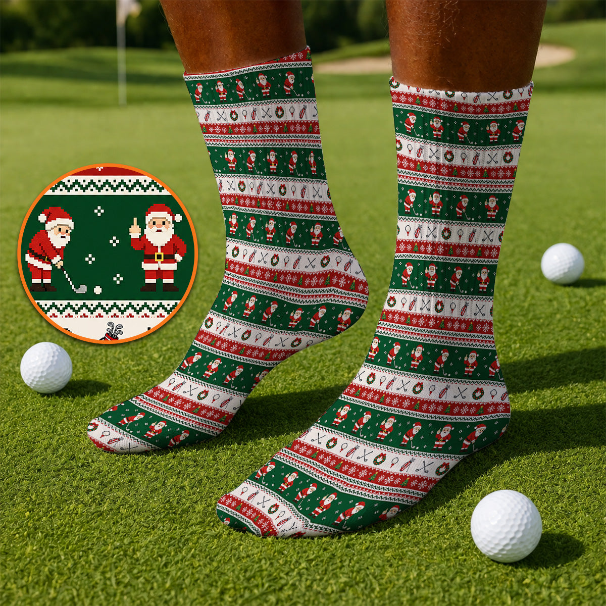Funny Christmas Santa Golf Socks, Ugly Christmas Golf Pattern Sock, Xmas Gift For Golfer