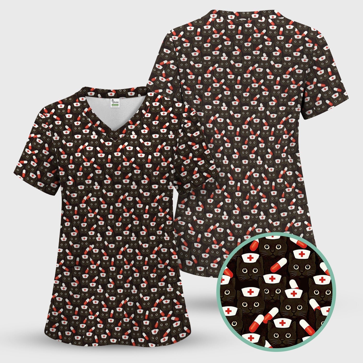 Personalized Nurse Shirt for Women - Cute Cat Pattern with Pills Design - Gift for RN LPN CNA