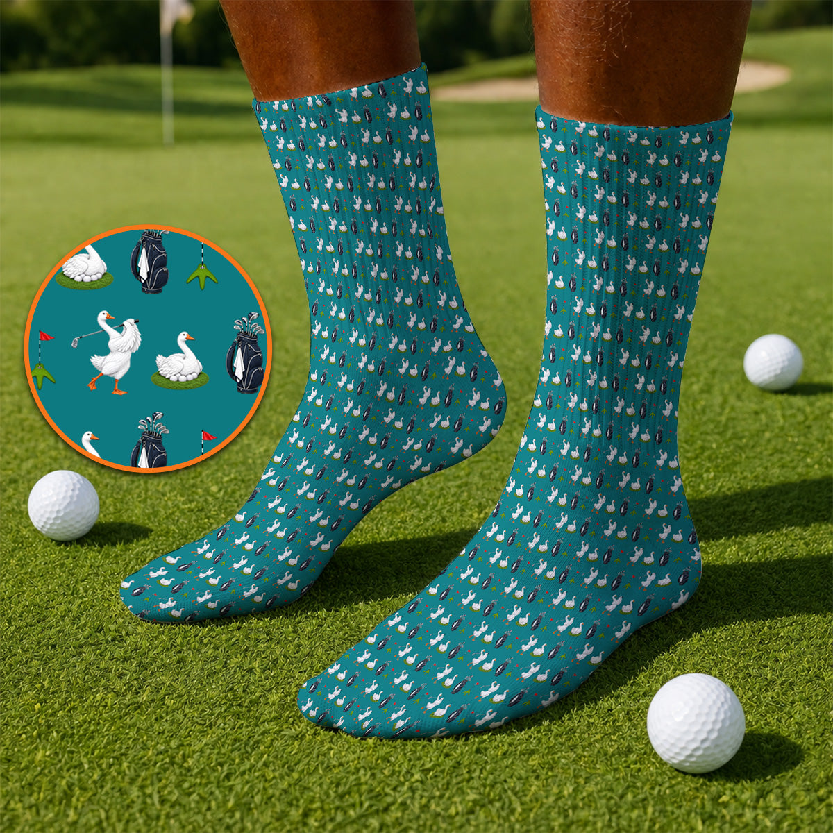 Funny Goose Golf Socks, Teal Goose & Golf Pattern Sock, Golf Apparel Gift For Golfer