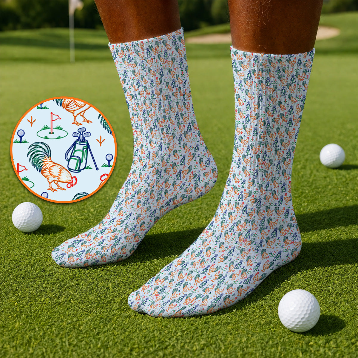 Colorful Rooster Golf Socks, Rooster Pattern Golf Sock For Chicken Lovers, Funny Golf Gift For Golfers