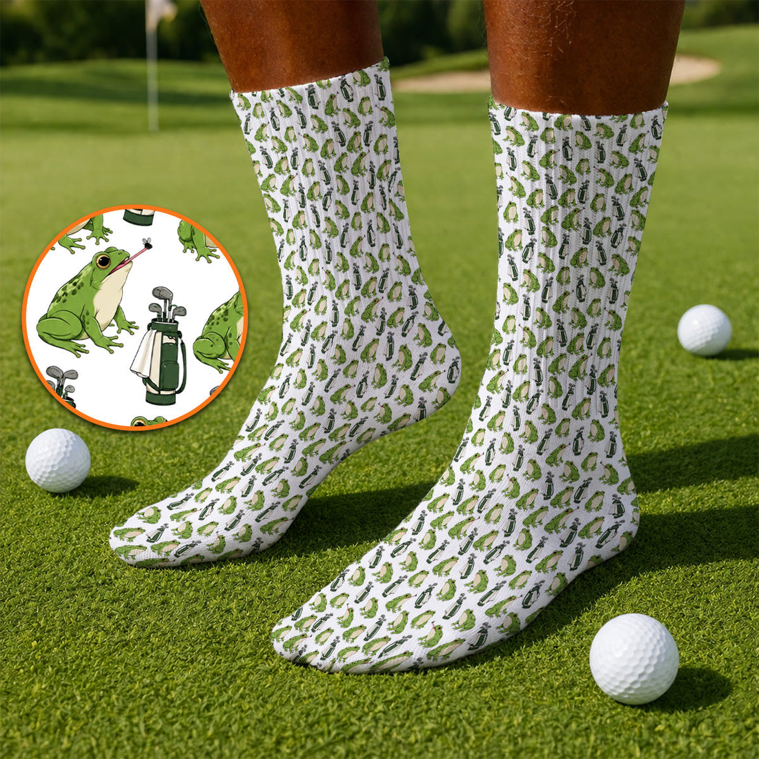Cute Frog Golf Socks, Playful Frog & Golf Bag Pattern Sock, Funny Golf Gift For Frog Lovers