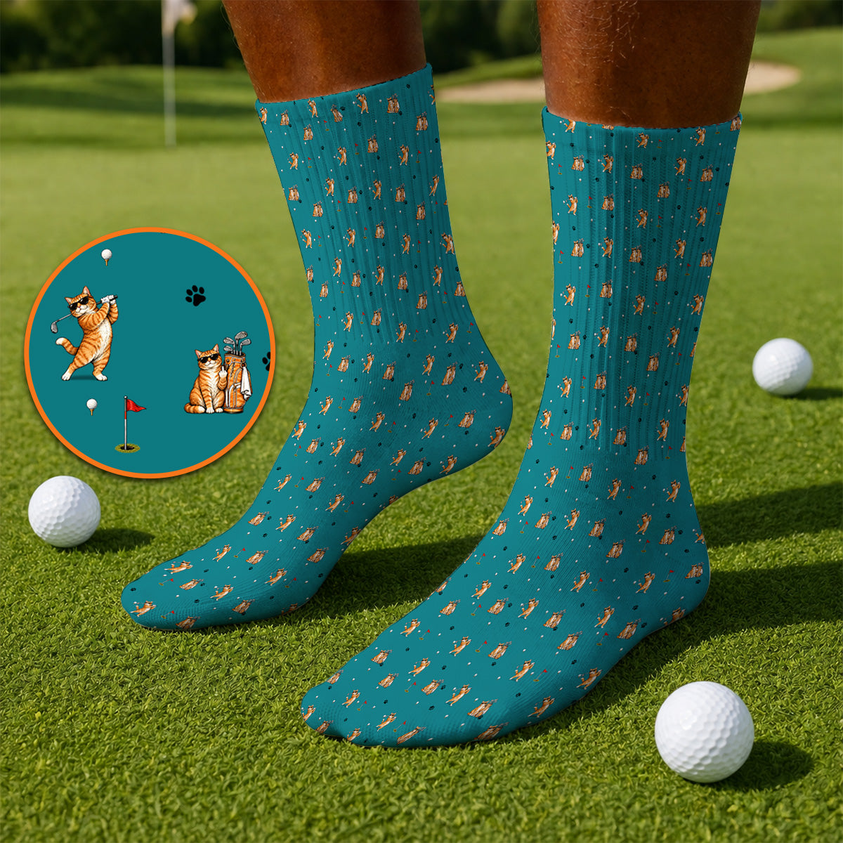 Funny Golf Cat Socks, Orange Tabby Cat Playing Golf Pattern Sock, Golf Gift For Golfers