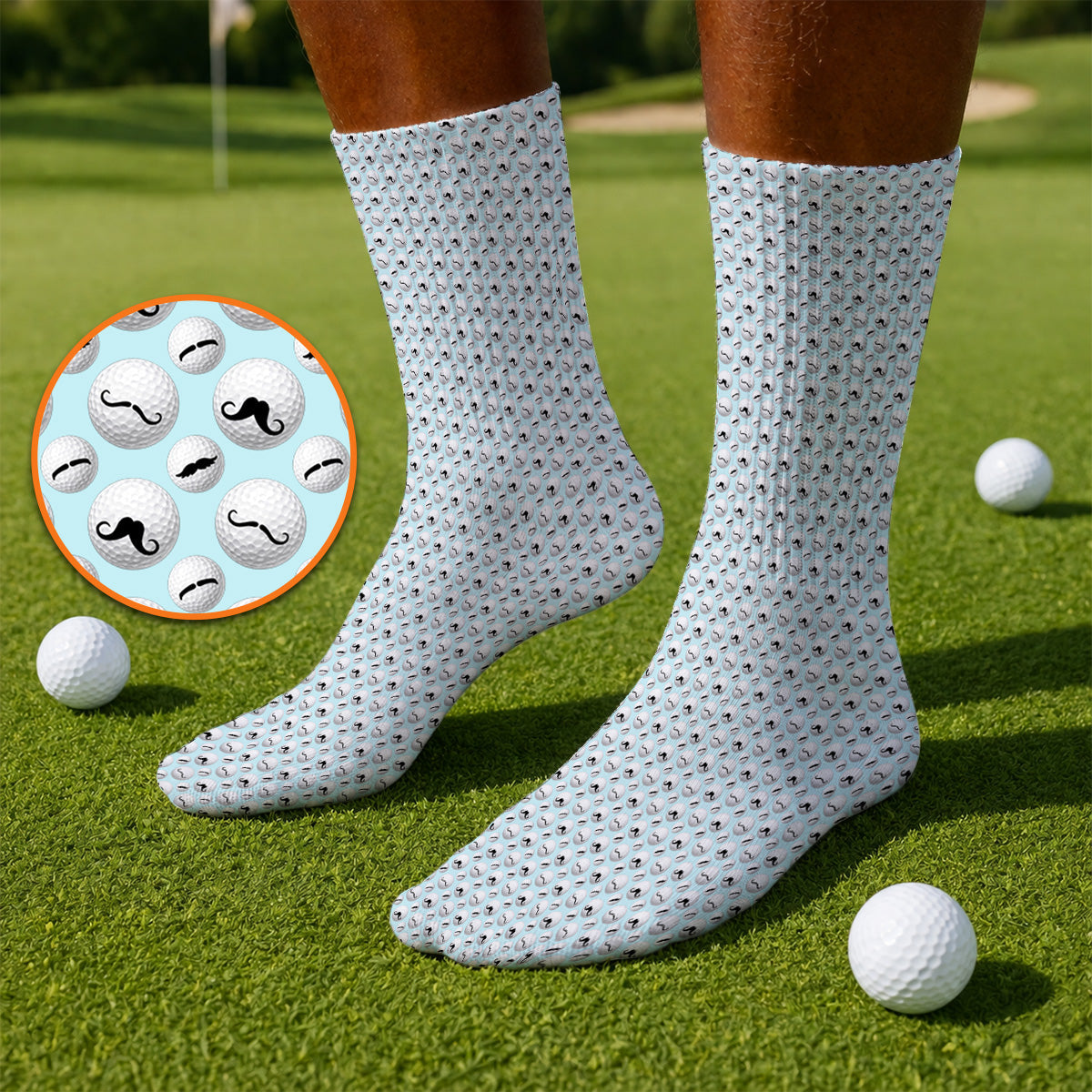Mustache Golf Ball Socks, Funny Movember Golf Pattern Sock, Gift for Golfers