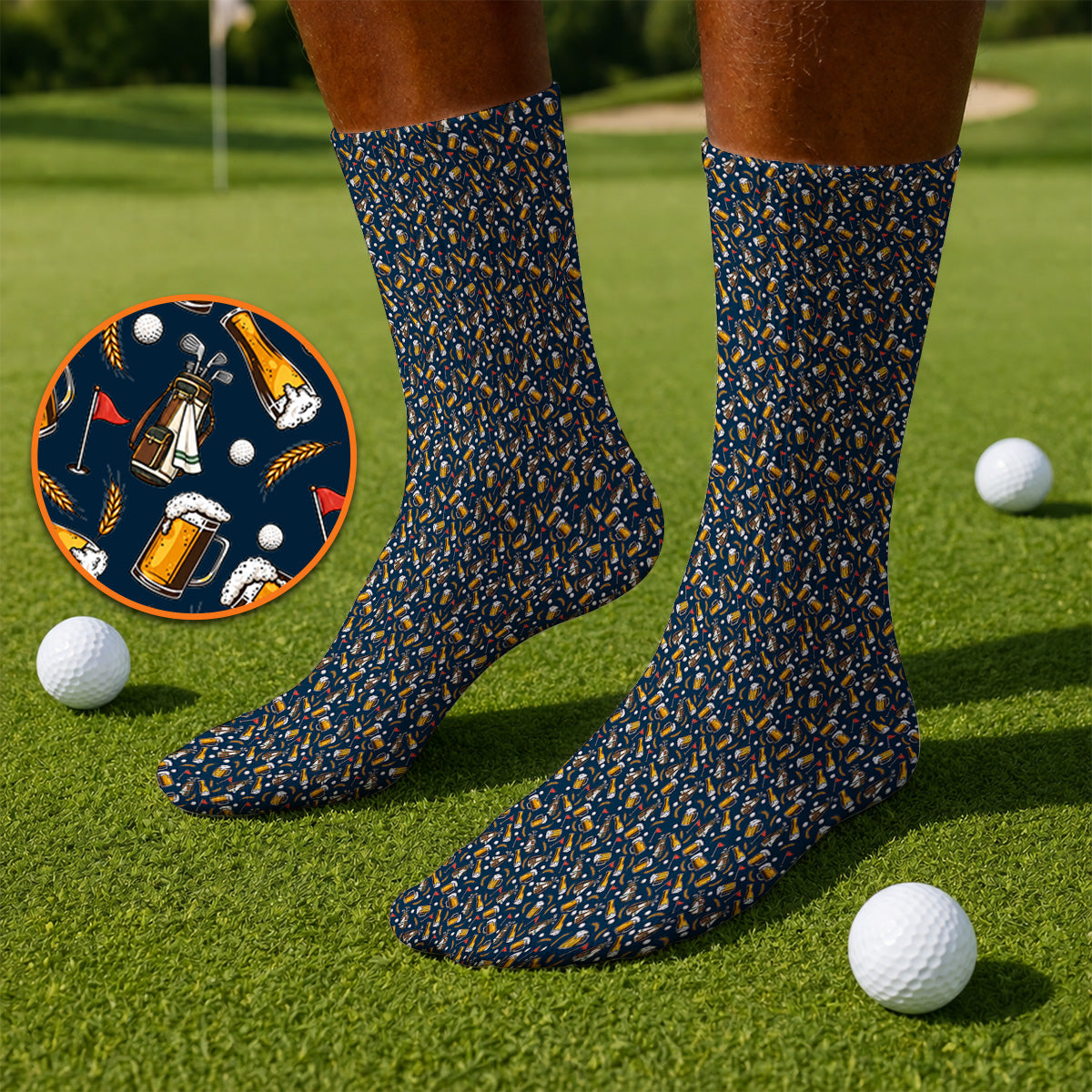 Pattern Golf And Beer Socks, Funny Golf Sock, Golf Gift For Golfer