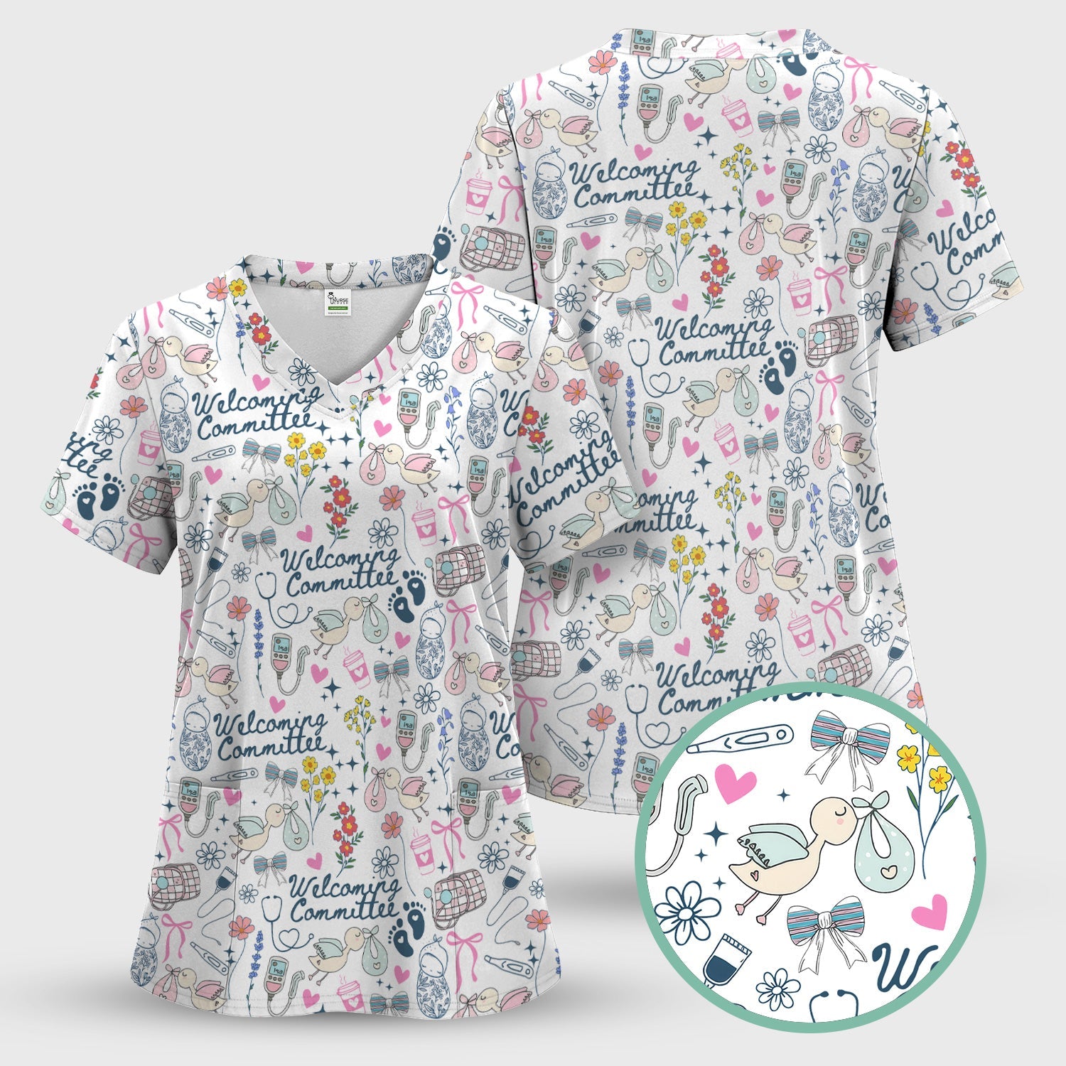 Funny NICU Nurse Tee - Cute Baby Feet & Floral Stork Pattern Graphic - Gift for Women RN LPN