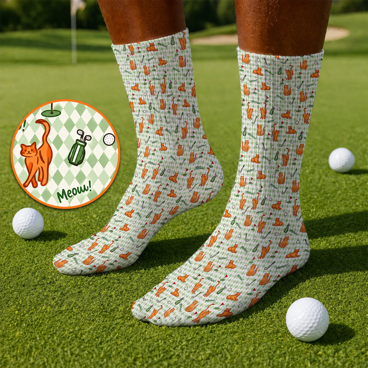 Cute Orange Cat Golf Socks, Meow Cat And Golf Pattern Sock, Funny Cat Golf Gift For Golfer