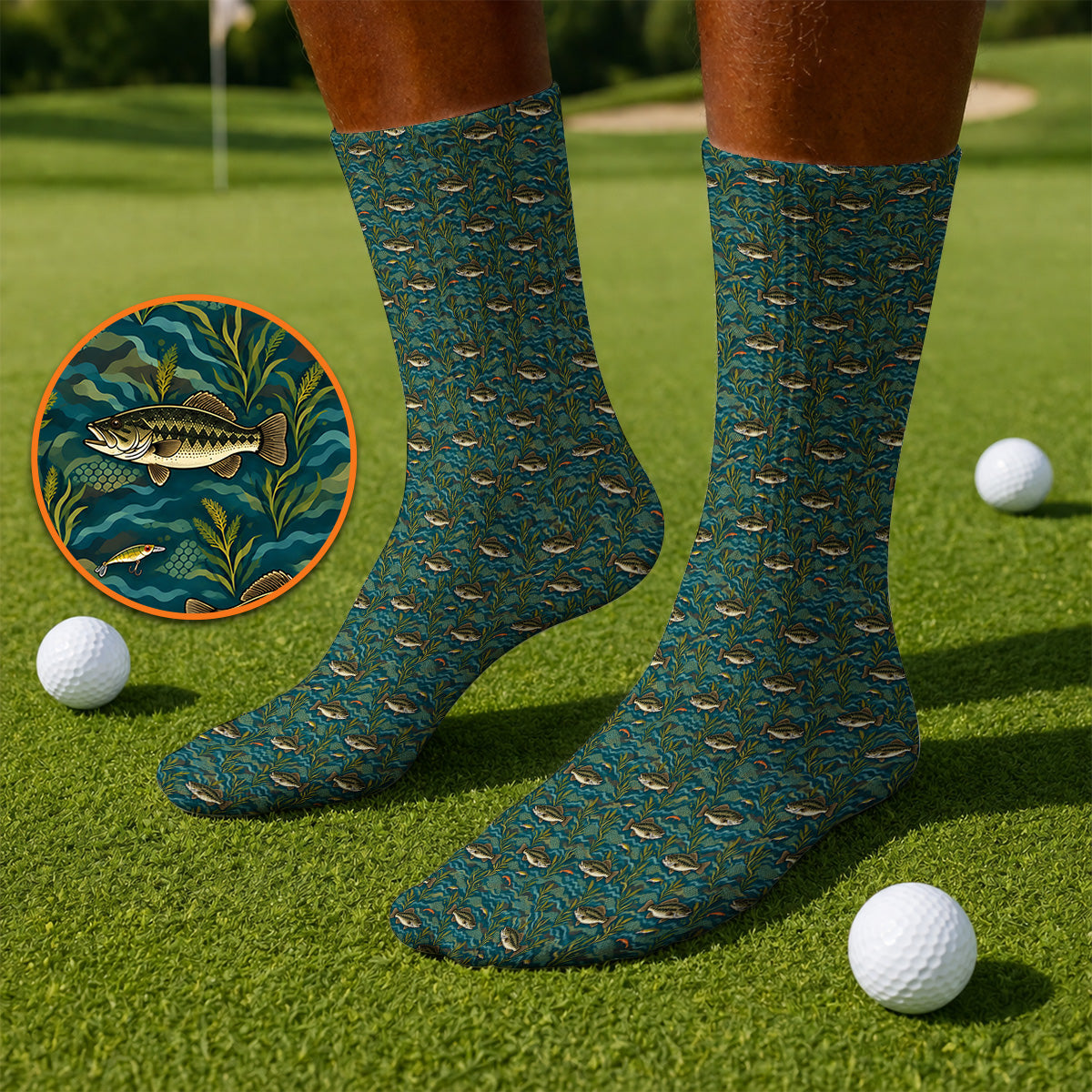Crazy Bass Fishing Golf Socks, Fishing Bass & Rod Pattern Golf Sock, Golf Gift For Golfers