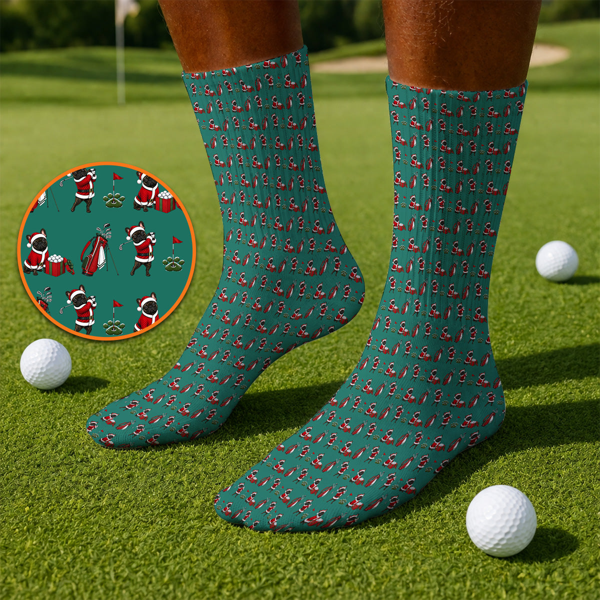 Christmas French BullDog Pattern Golf Socks, Funny Santa French BullDog Holiday Golf Sock, Xmas Golf Gift For Golfers
