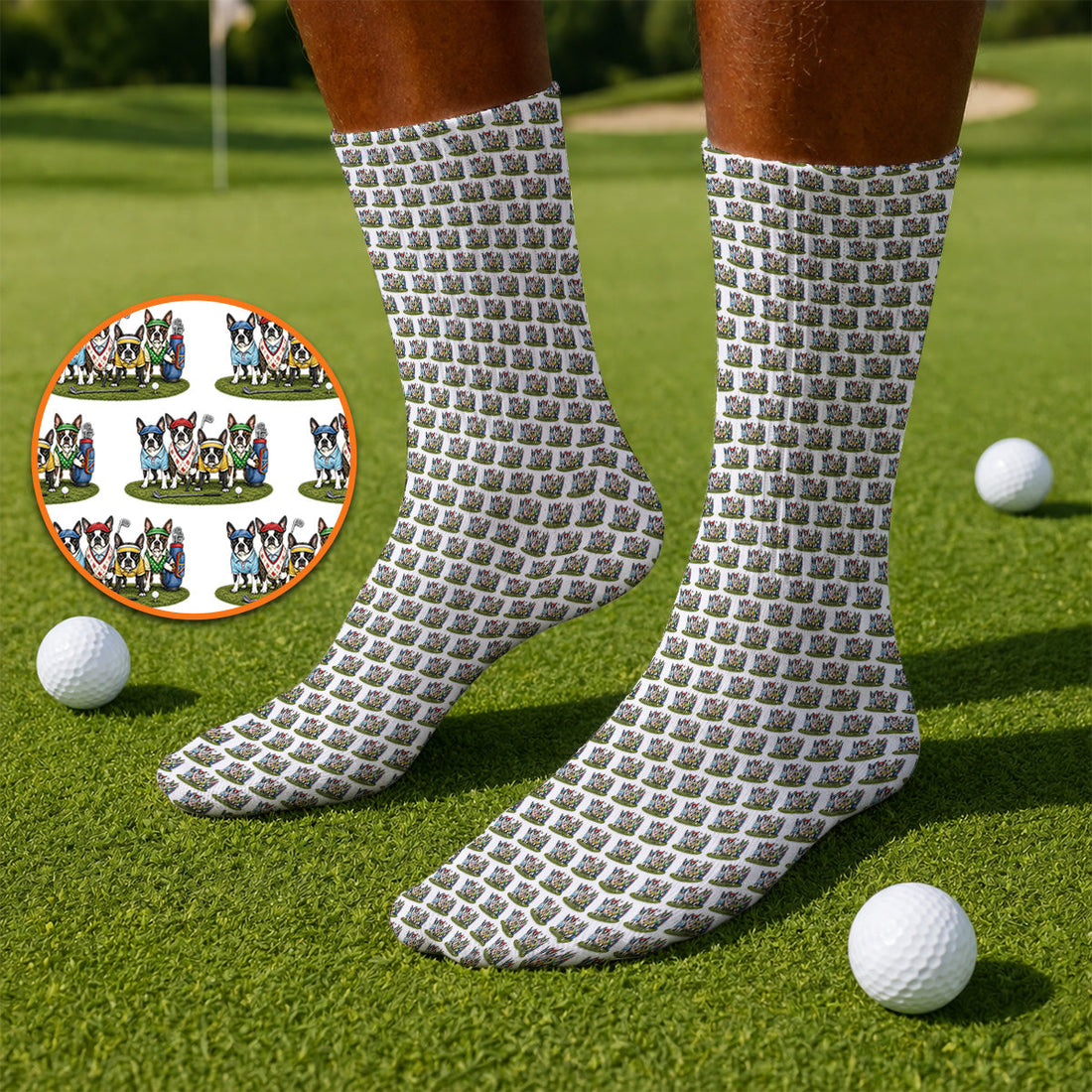 Boston Terrier Golf Pattern Socks, Funny Golfing Boston Terrier Sock, Dog Lover Golf Gift