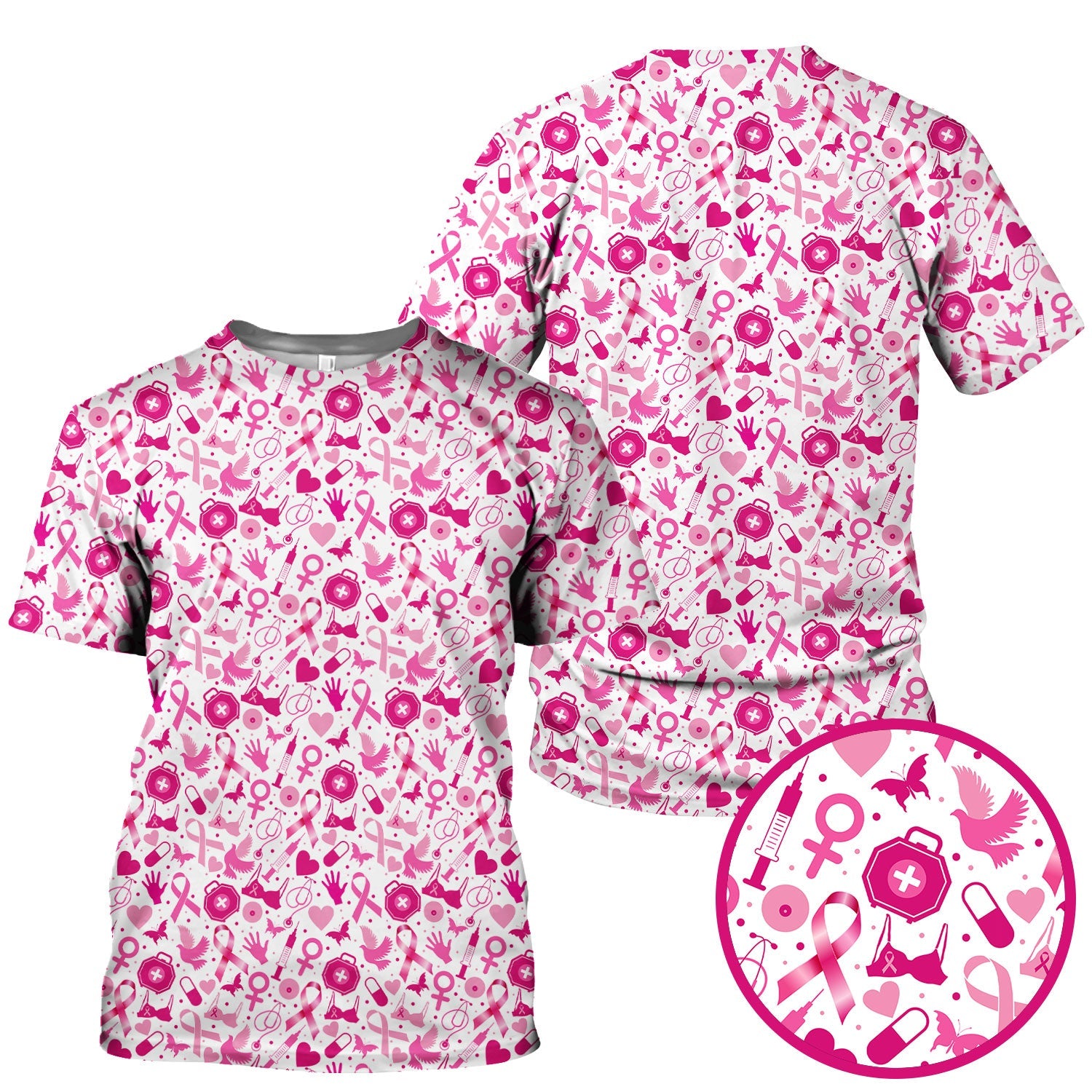 Breast Cancer Awareness Shirt - Pink Ribbon & Nurse Icons Pattern - Gift for RN LPN Healthcare Workers