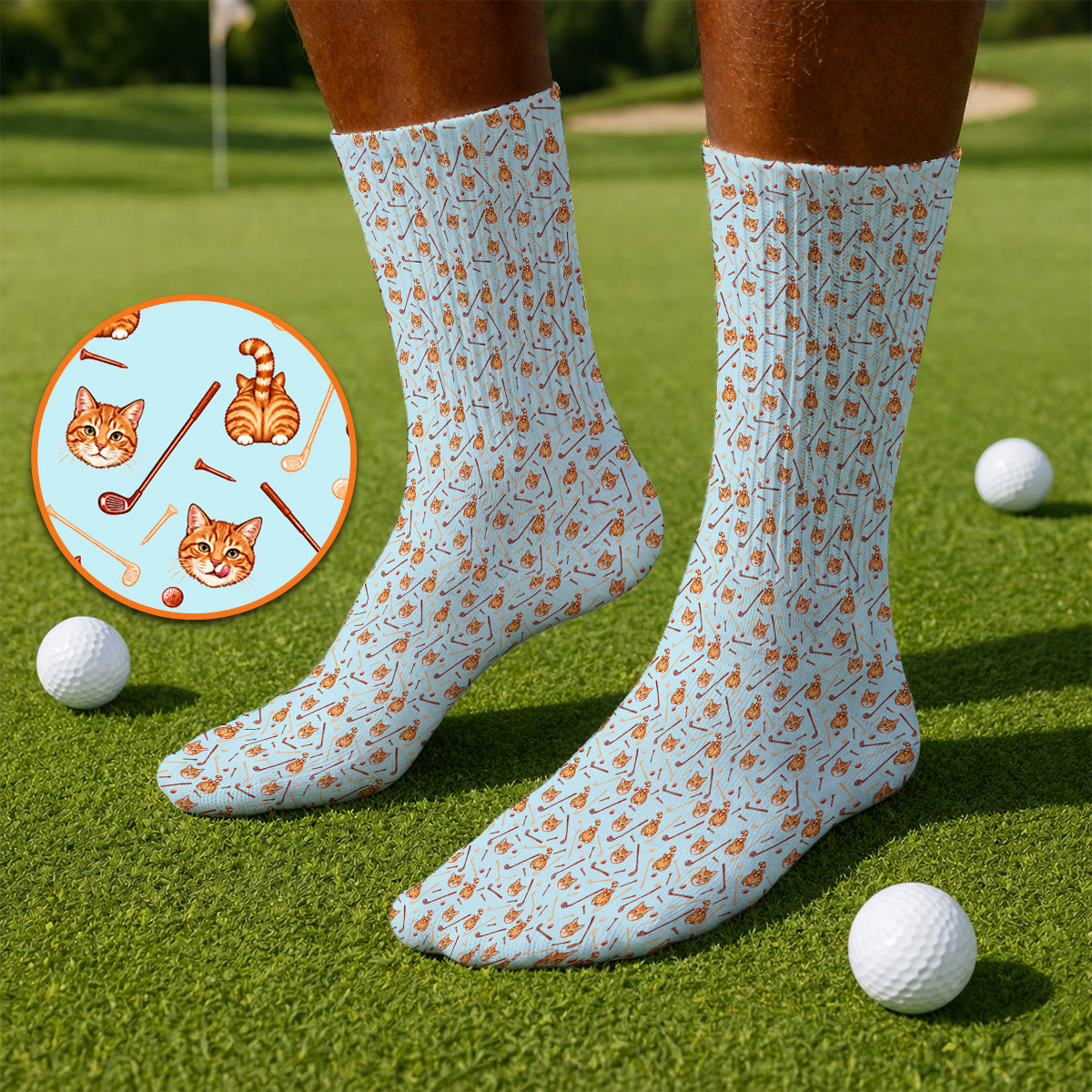 Orange Tabby Cat Golf Sock, Funny Cat Butt & Golf Pattern Socks, Unique Golf Apparel Gift for Cat Lovers