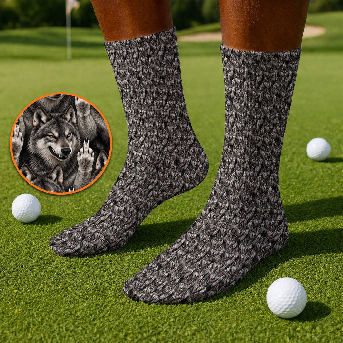 Crazy Wolf Golf Socks, Wolf Golf Pattern Sock, Golf Gift for Golfers