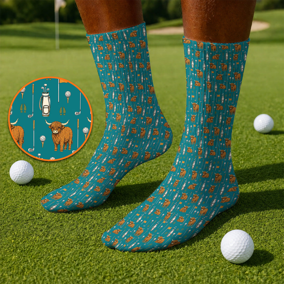Highland Cow Fairway Socks, Highland Cow Golf Pattern Sock, Golf Gift For Golfer