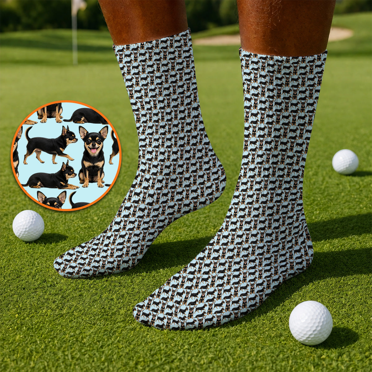 Funny Black Chihuahua Golf Sock, Cute Chihuahua Golf Pattern Socks, Dog Lovers Golf Gift For Golfer