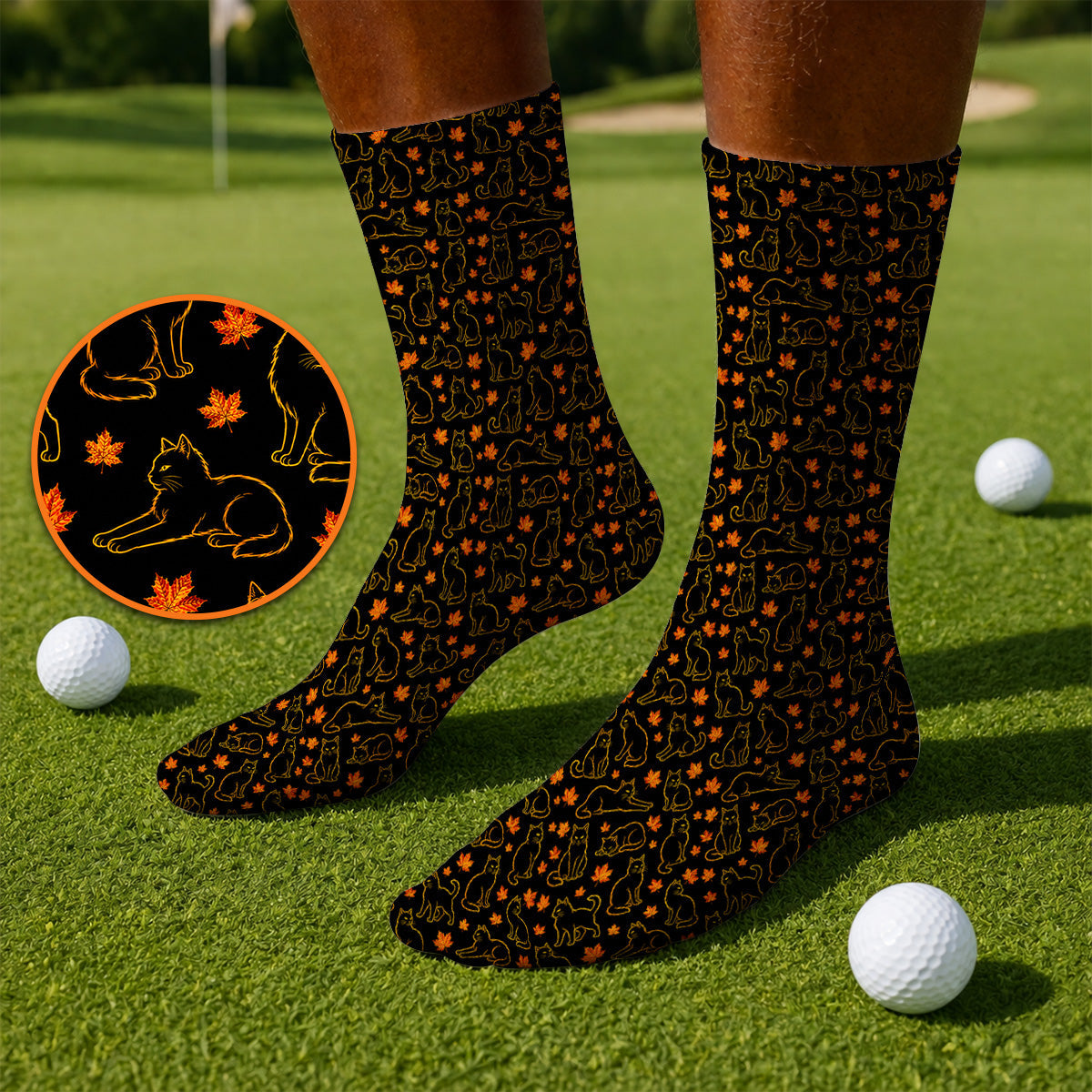 Autumn Black Longhair Cat Golf Sock, Black Longhair Cat Pattern Golf Socks, Cat Lovers Golf Gift