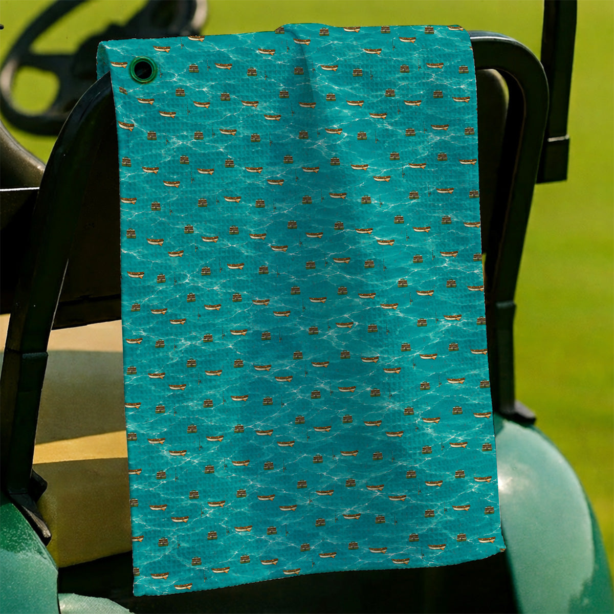 Fishing Pattern Golf Towels, Fishing Boat With Tackle Pattern Golf Towel, Unique Fishing Gift for Fishermen And Golfer