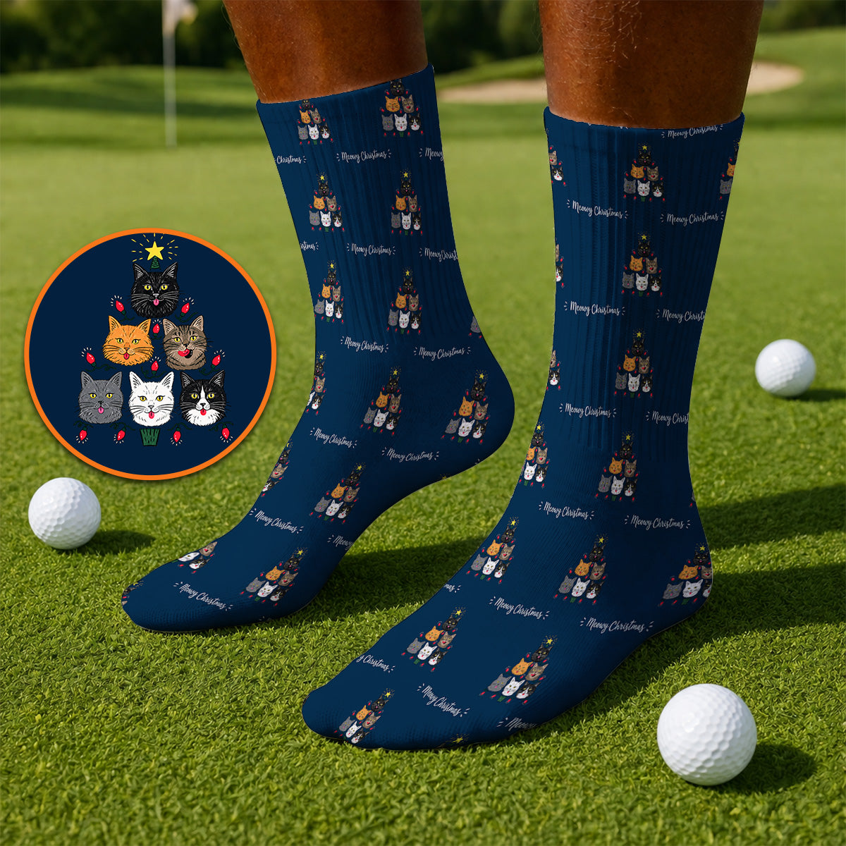Meowy Christmas Cat Golf Socks, Festive Cat Christmas Pattern Golf Sock, Xmas Golf Gift For Cat Lovers