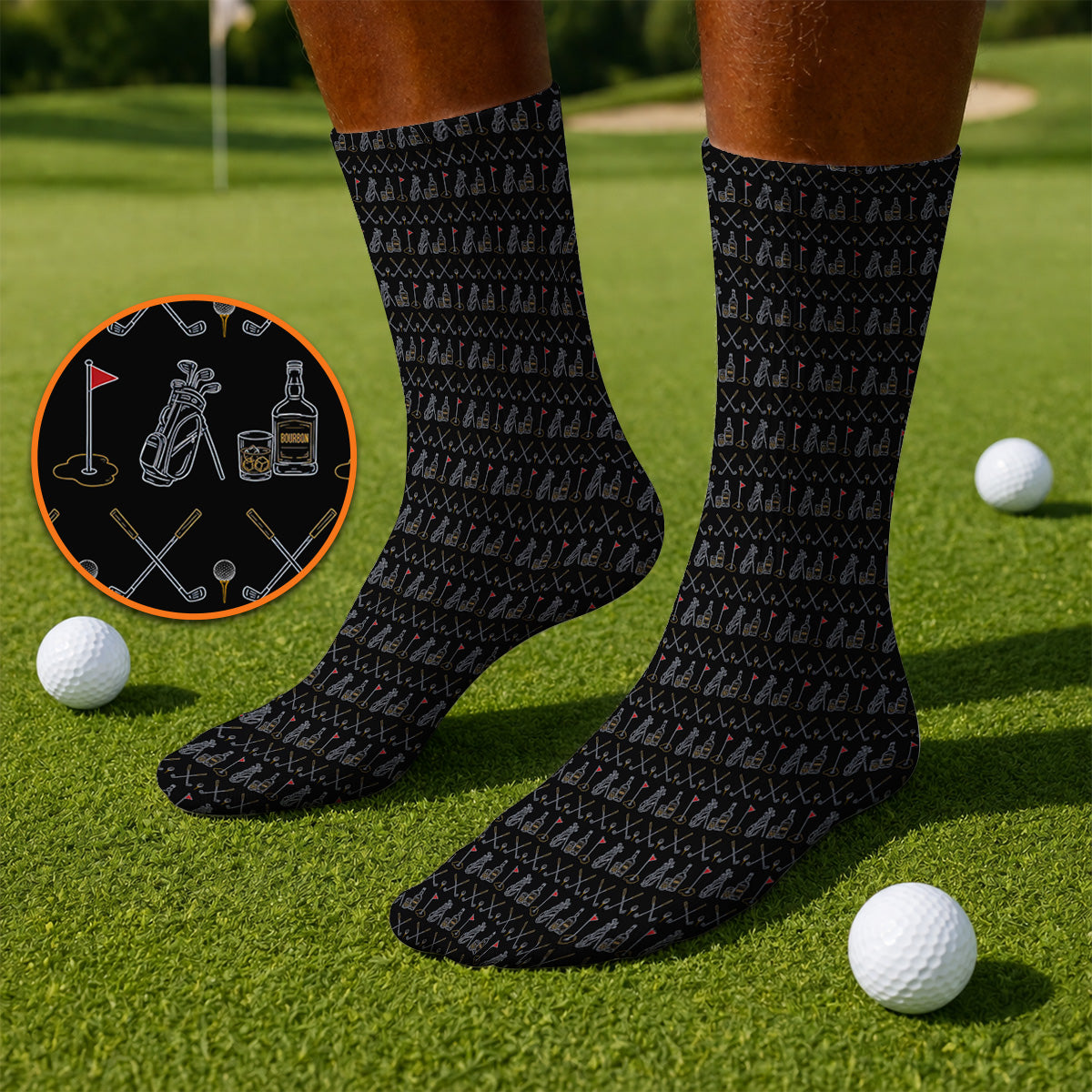 Bourbon Golf Socks, Whiskey & Golf Club Pattern Sock, Classic Gift For Bourbon Loving Golfers
