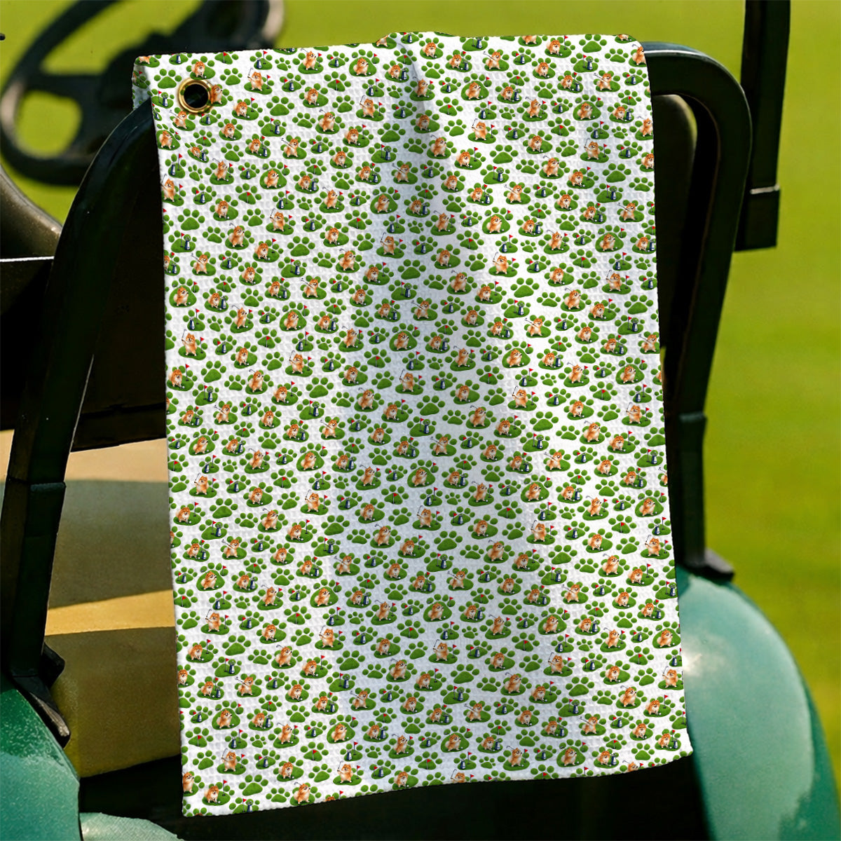 Pomeranian Paw Pattern Golf Towels, Cute Fluffy Pom Dog Pattern Golf Towel, Crazy Golf Gift For Golfers