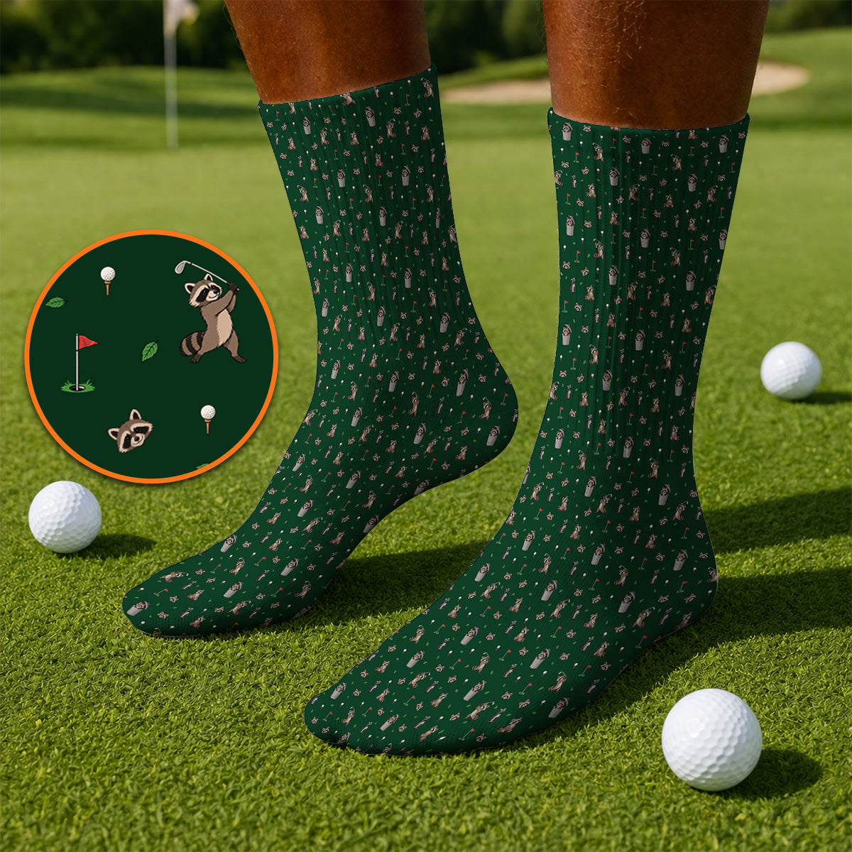Raccoon Golf Socks, Playful Raccoon Golf Pattern Sock, Funny Animal Golf Footwear for Golfer