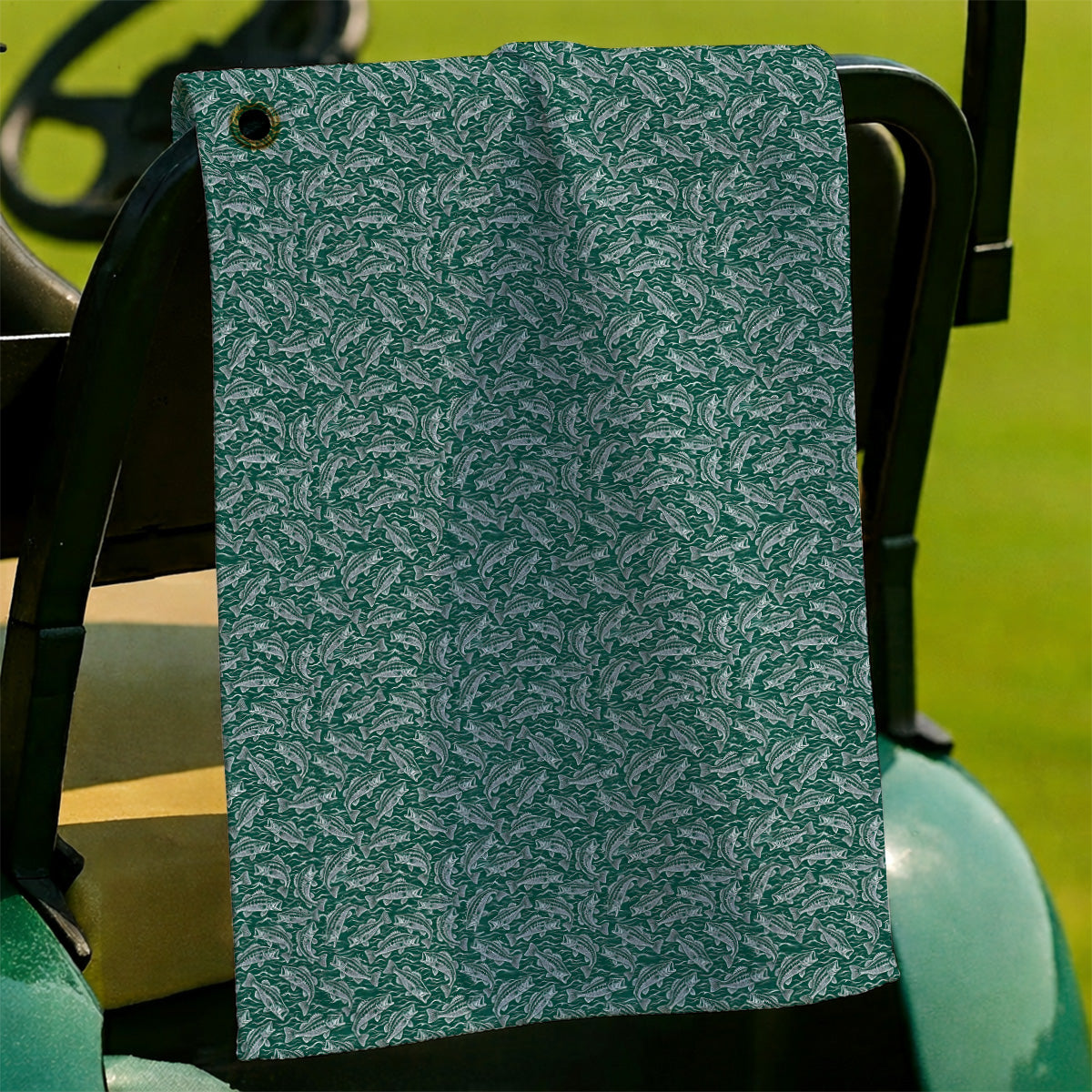 Vintage Bass Fishing Golf Towels, Forest Green Fish & Water Pattern Towel, Golf Apparel Gift for Fishing Lovers