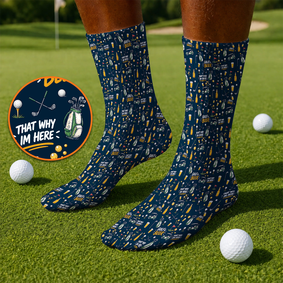 Funny Golf & Beer Socks, Golf Cart And Beer Pattern Golf Sock, That’s Why I’m Here Golf Gift For Golfer