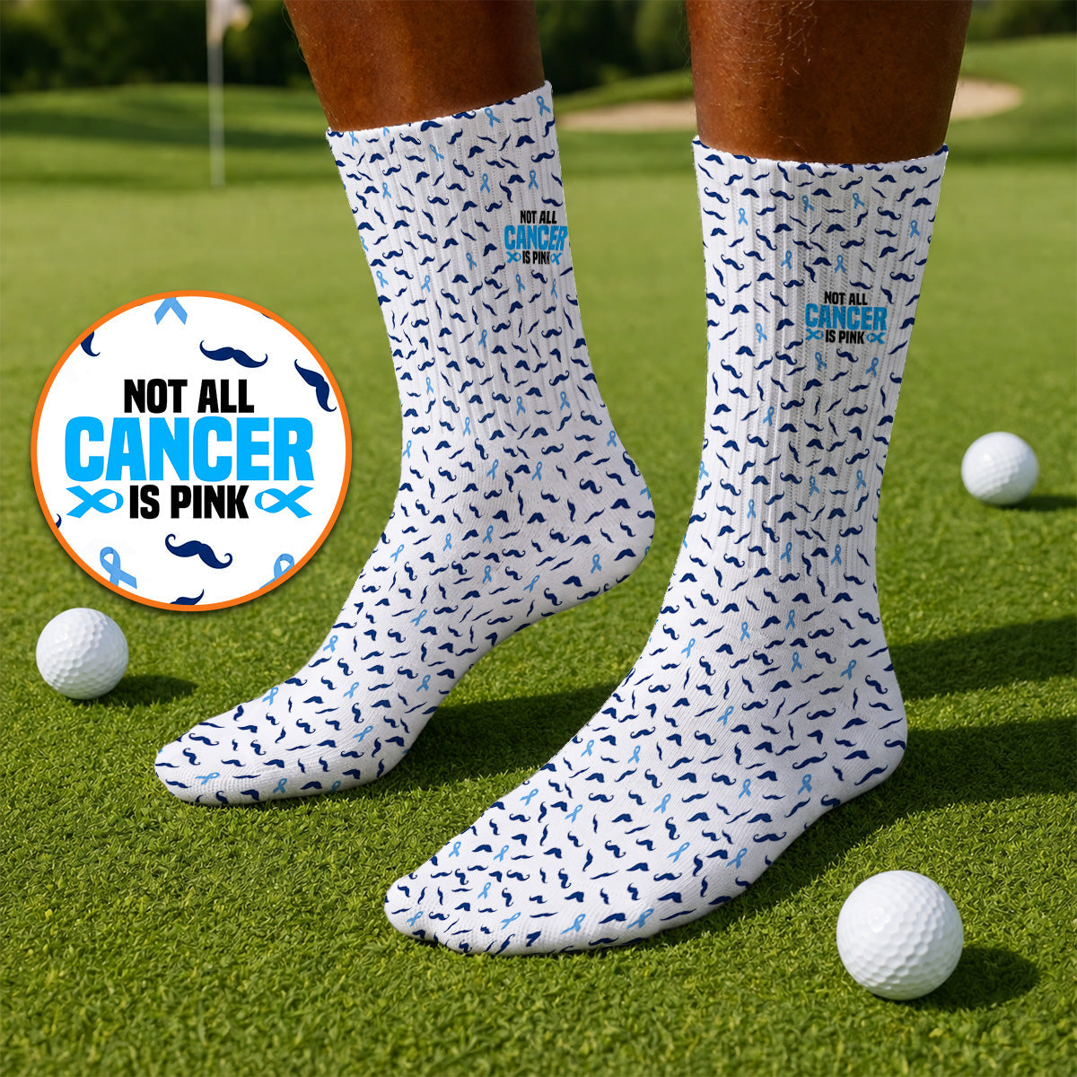 Prostate Cancer Awareness Golf Socks, Blue Ribbon Mustache Pattern Golf Sock, Support Gift for Golfers