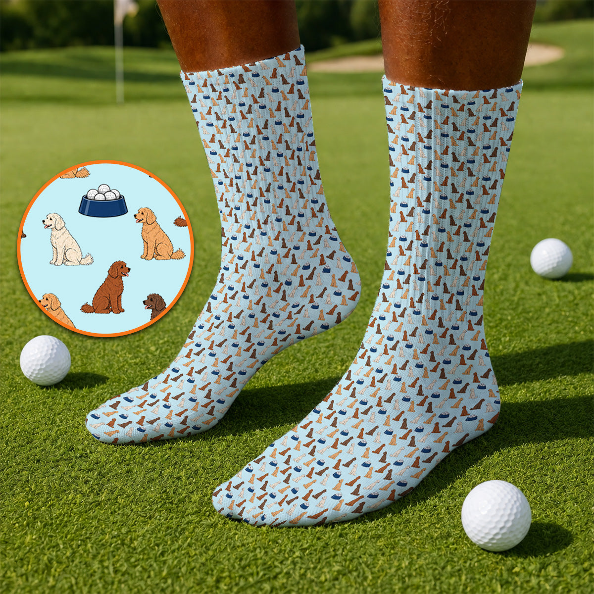 Funny Goldendoodle Pattern Golf Socks, Doodle Dog & Golf Ball Sock, Golf Gift for Golfers