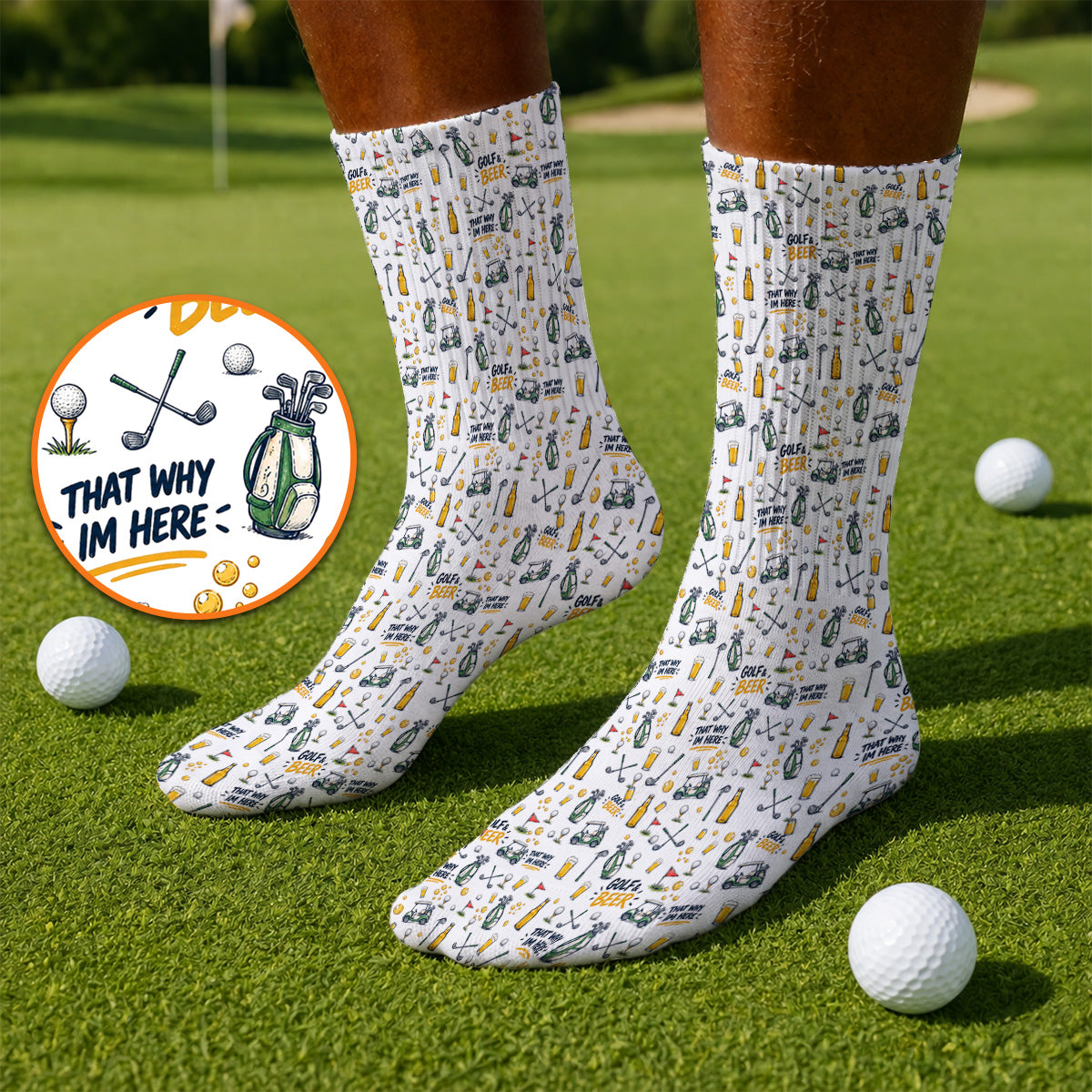 Funny Golf & Beer Socks, Golf Cart And Beer Pattern Golf Sock, That’s Why I’m Here Golf Gift For Golfer