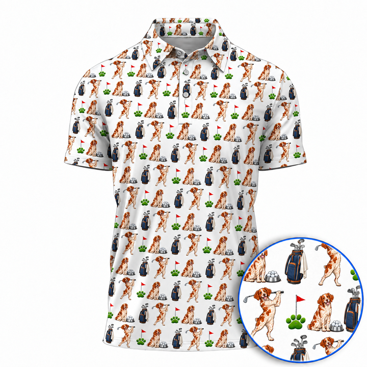 Brittany Spaniel Dogs Golf Pattern Polos, Crazy Brittany Spaniel Golf Shirt, Golf Gift for Golfers