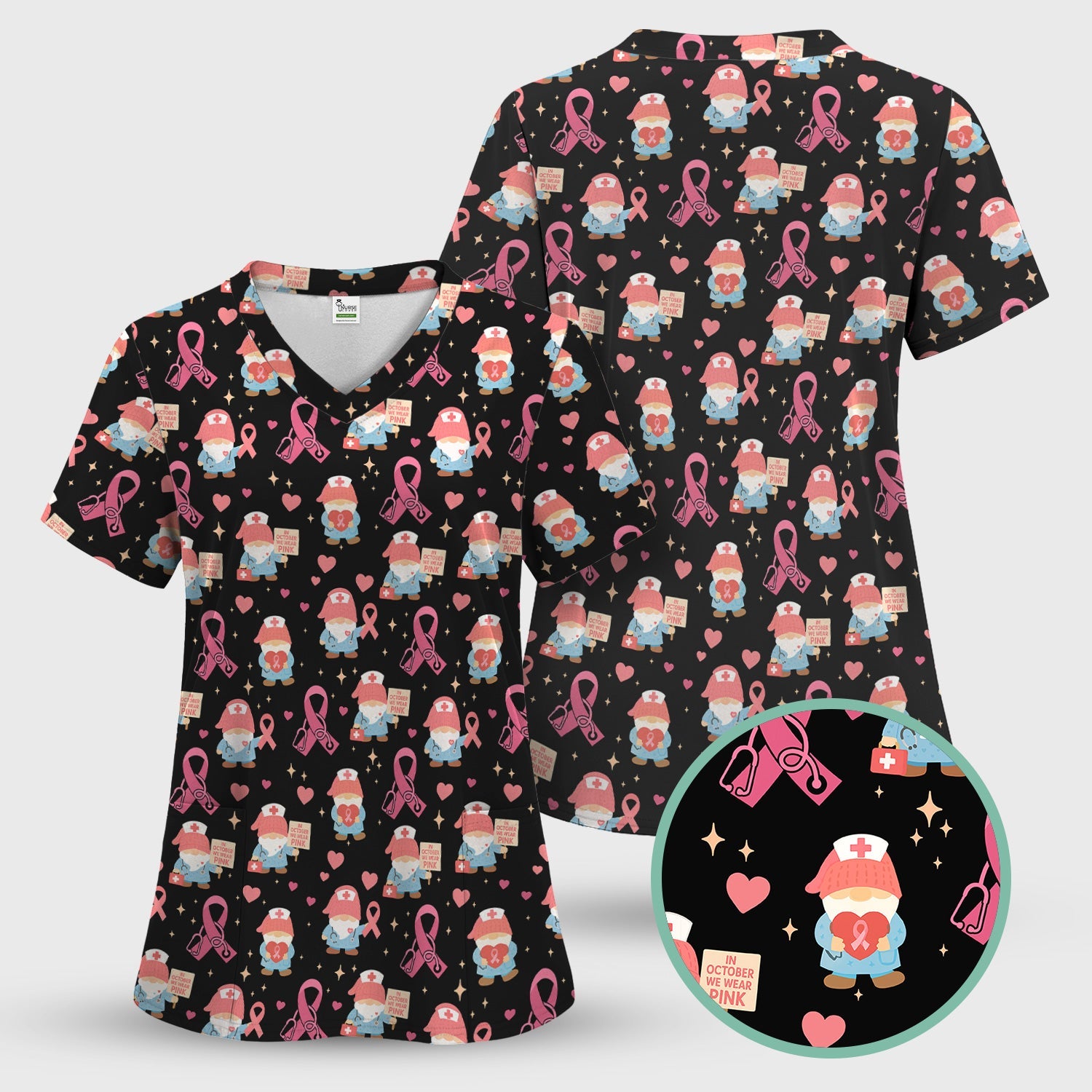Pink Ribbon Nurse Shirt for Women - Cute Breast Cancer Awareness Gnome - Gift for Healthcare Workers RN LPN