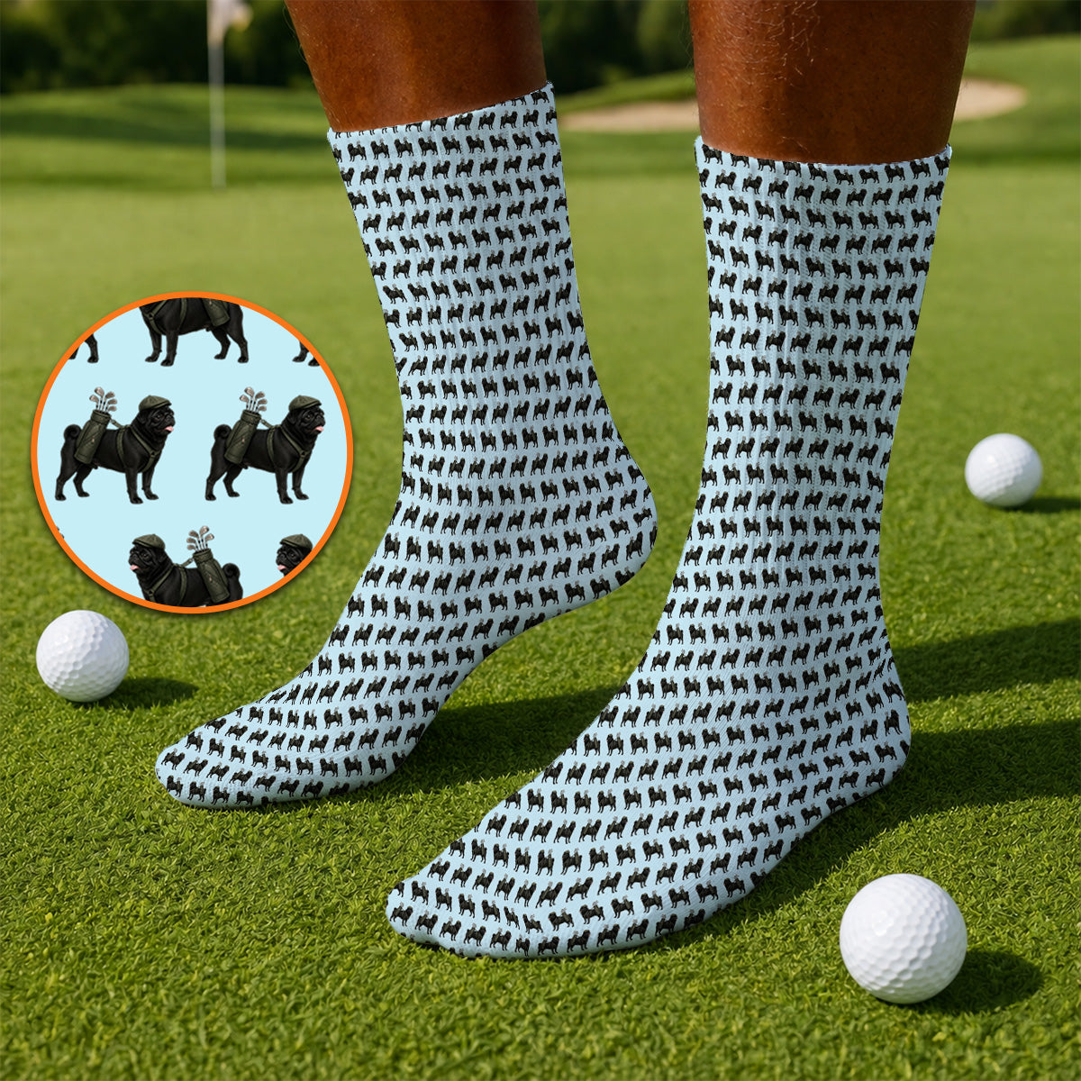 Black Pug Pattern Golf Socks, Funny Pug Golf Sock, Golf Gift For Golfer