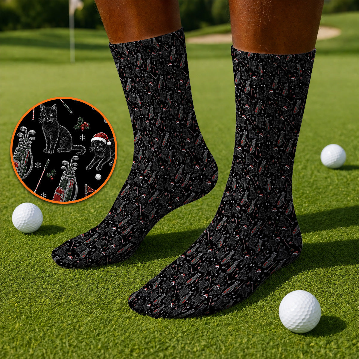Funny Black Cat Christmas Golf Socks, Holiday Pattern Golf Sock, Xmas Golf Gift For Golfers