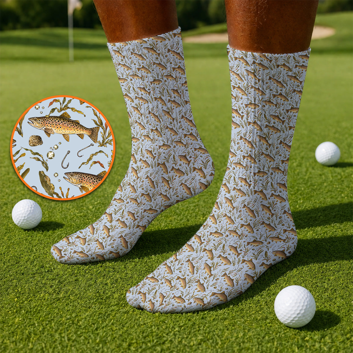 Funny Brown Trout Fishing Golf Socks, Vintage Trout & Fly Fishing Pattern Golf Sock, Golf Gift For Golfer