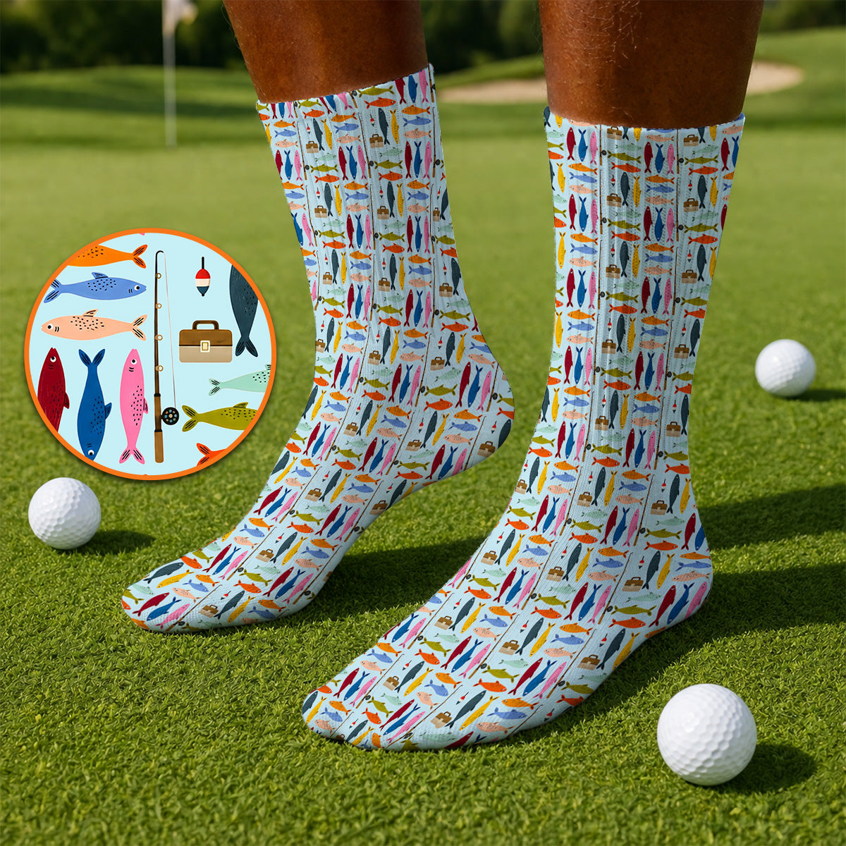Colorful Fish Pattern Golf Socks, Fishing Rod Pattern Golf Sock, Crazy Golf Gift For Anglers and Fishermen