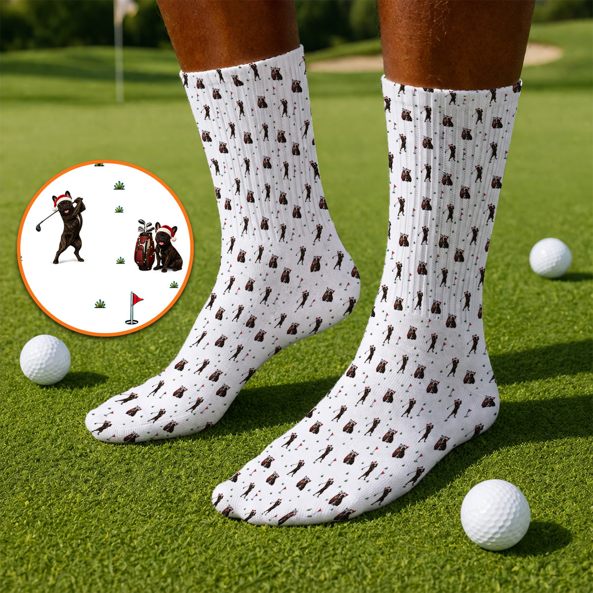 Christmas French BullDog Golfer Socks, Xmas French BullDog Golf Pattern Sock, Holiday Golf Gift for Golfers