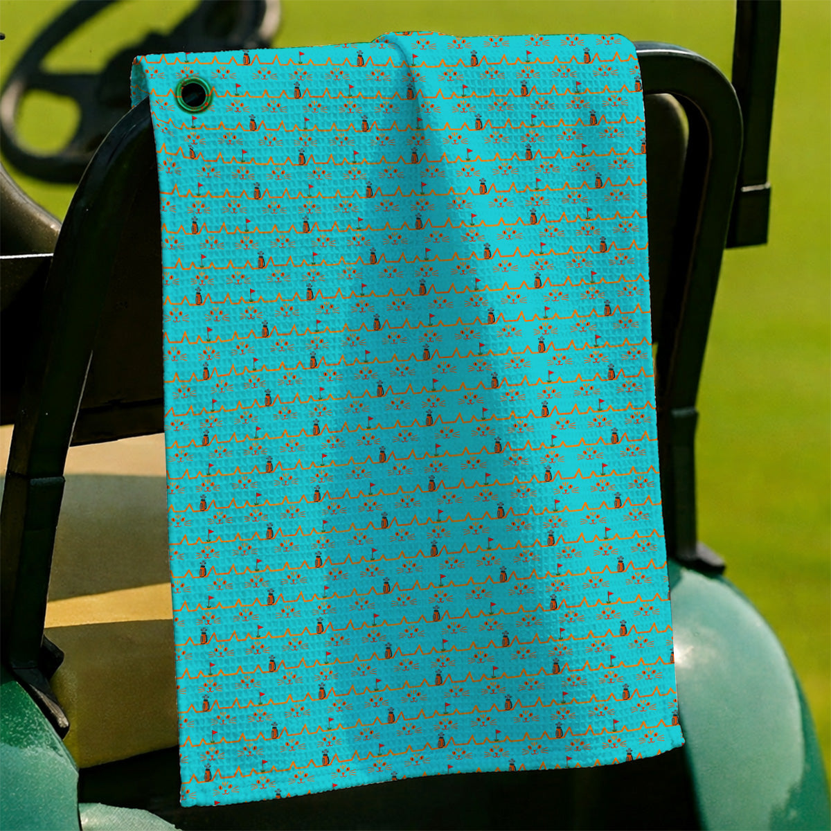 Cat Lover Golf Towels, Turquoise Cat Face & Golf Bag Pattern Golf Towel, Funny Kitty Golf Gift for Golfers