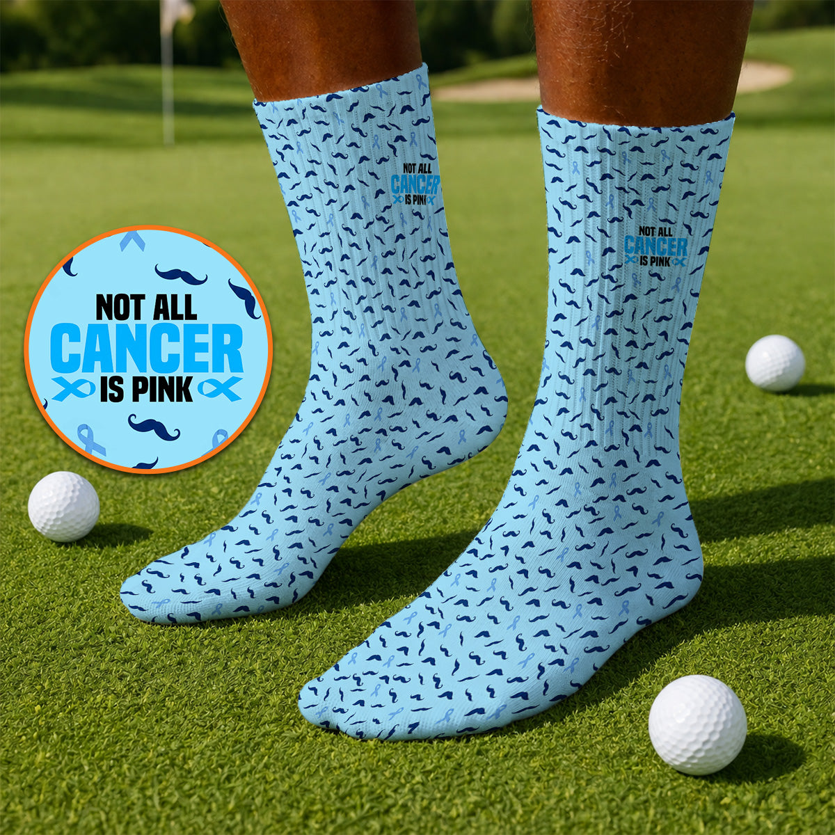 Prostate Cancer Awareness Golf Socks, Blue Ribbon Mustache Pattern Golf Sock, Support Gift for Golfers