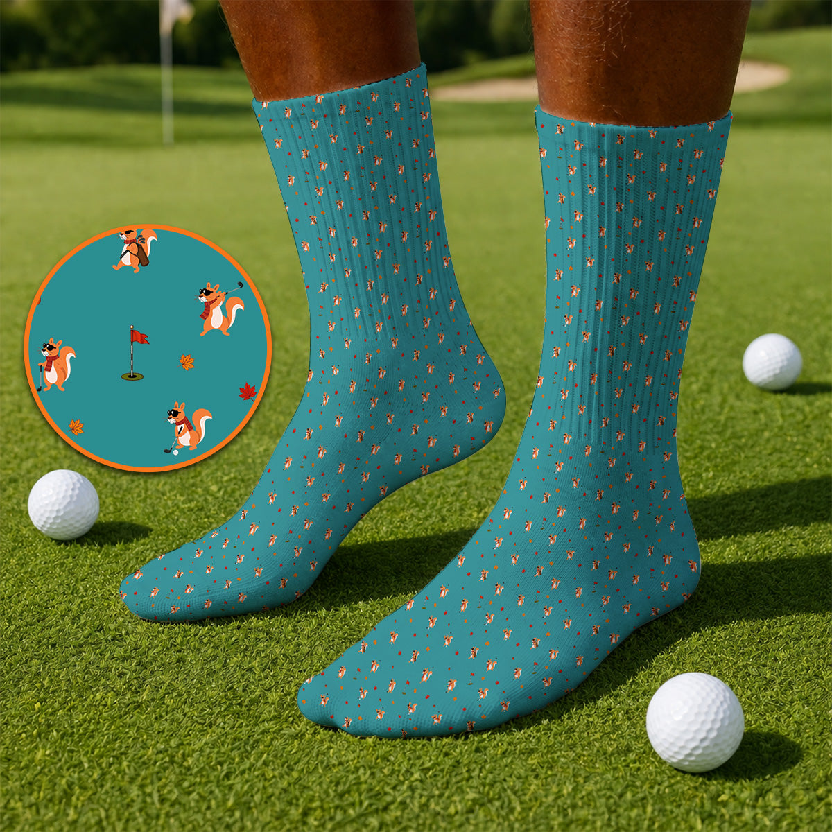 Fall Pattern Golf Socks, Autumn Squirrel Golf Sock, Crazy Golf Gift For Golfer